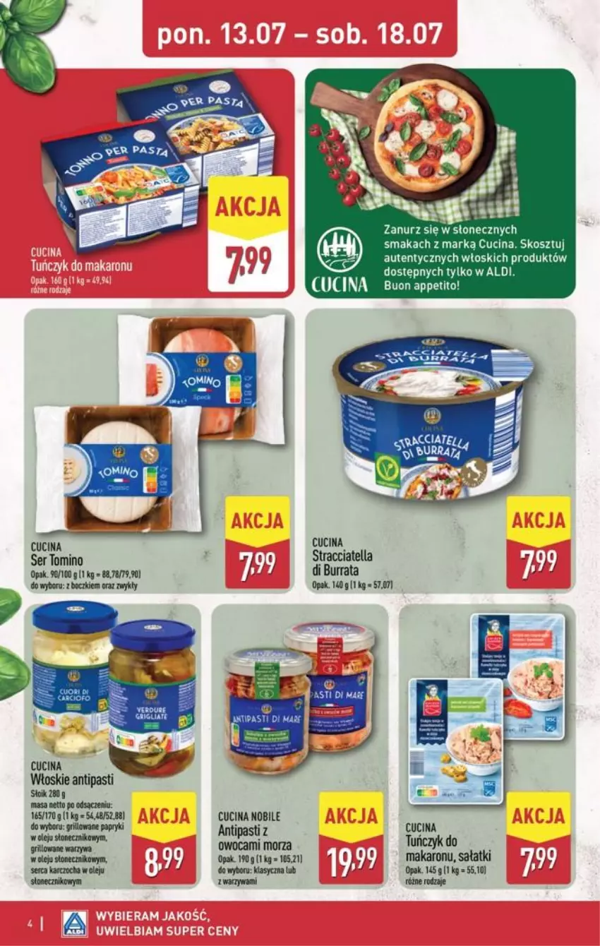 Gazetka promocyjna Aldi - Smakowita podróż do Włoch - ważna 13.07 do 18.07.2026 - strona 4 - produkty: Burrata, Grill, Kosz, Makaron, Olej, Sałat, Ser, Tuńczyk, Warzywa