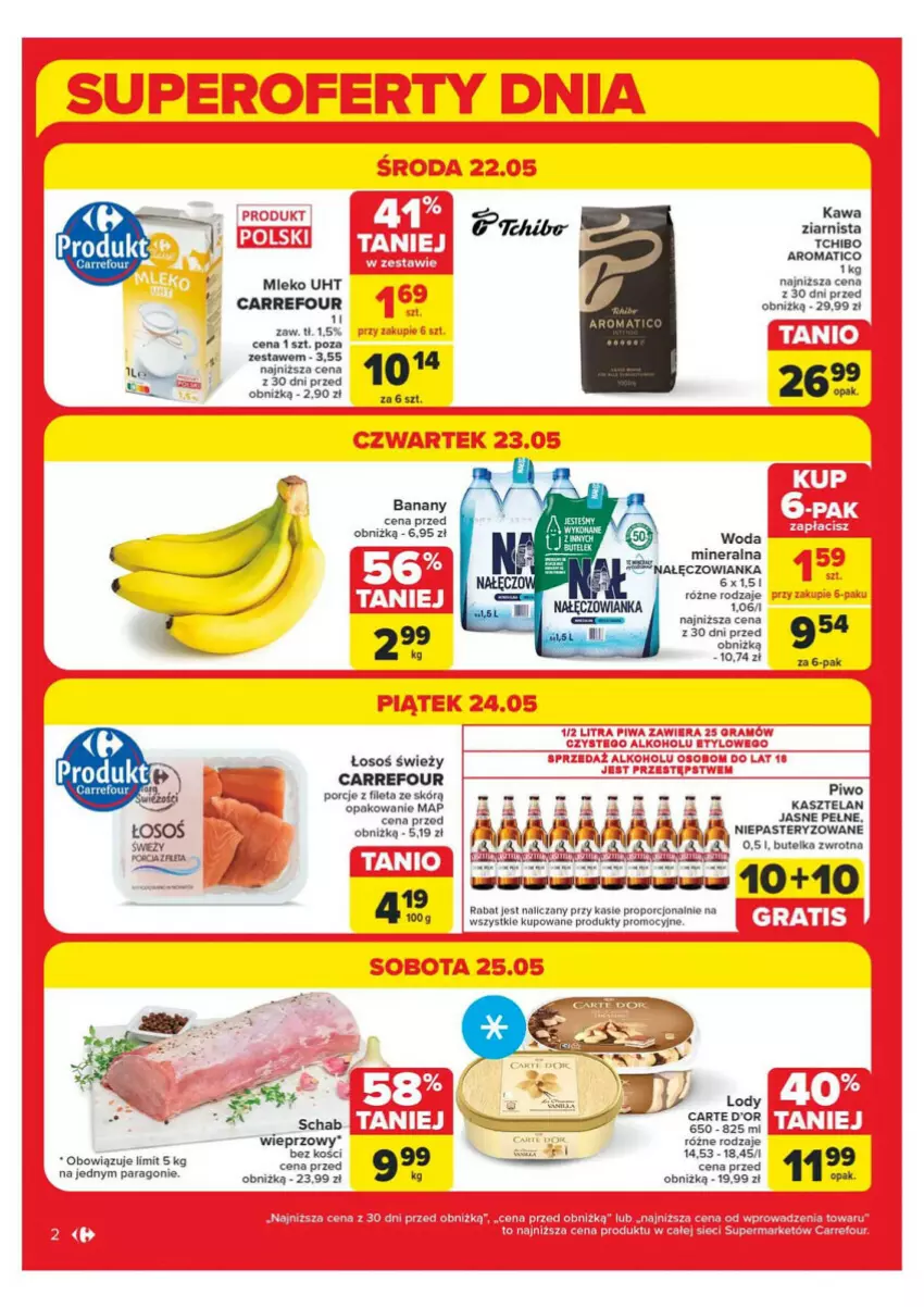 Gazetka promocyjna Carrefour - ważna 21.05 do 25.05.2024 - strona 12 - produkty: Banany, Carte d'Or, Jaja, Kawa, Lody, Mleko, Piwo, Por, Tchibo, Woda