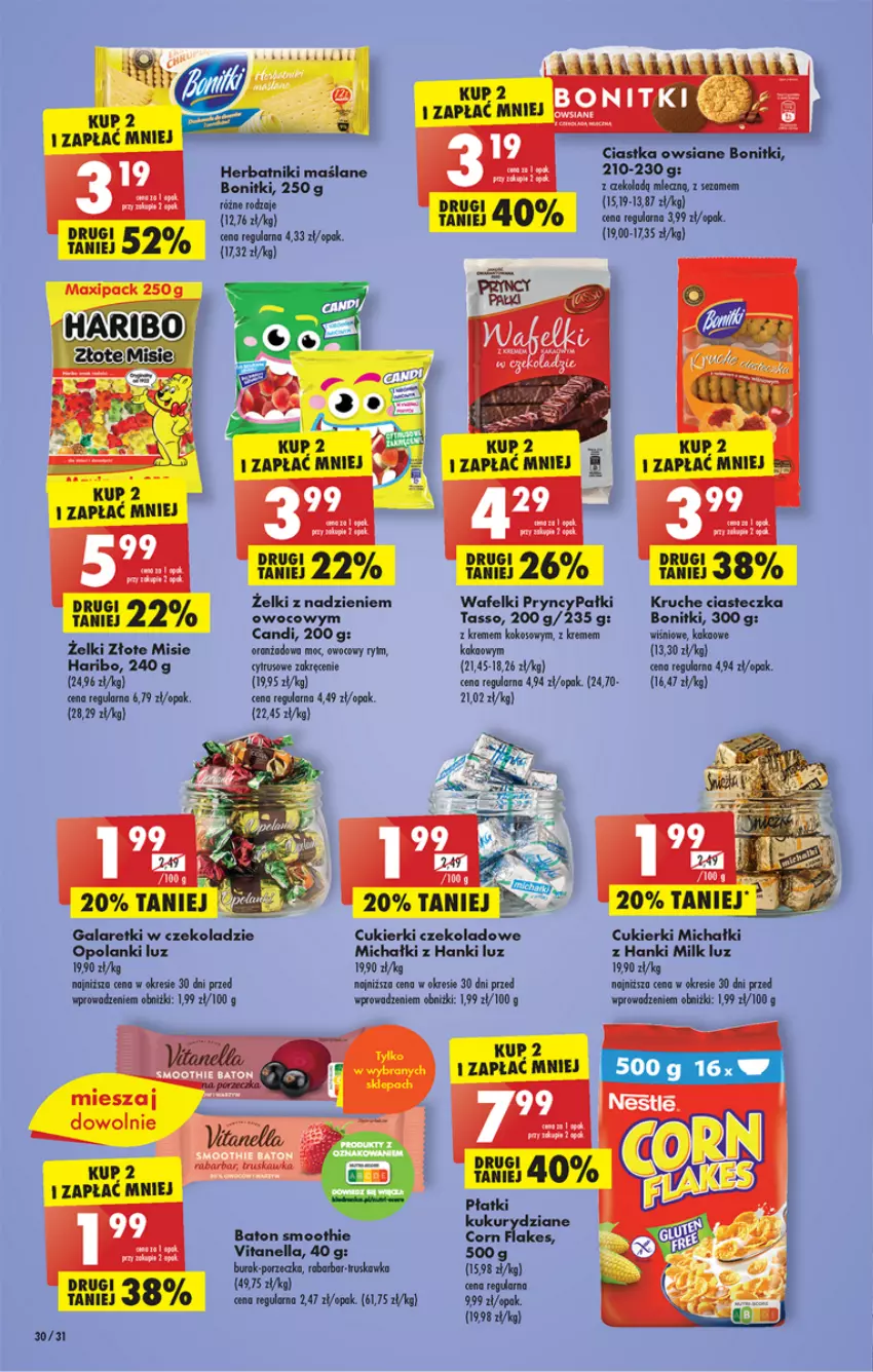 Gazetka promocyjna Biedronka - ważna 10.04 do 15.04.2023 - strona 30 - produkty: Baton, Bonitki, Ciastka, Ciastka owsiane, Corn flakes, Cukier, Cukierki, Gala, Galaretki, Haribo, Herbatniki, Kakao, Kokos, Lanki, Michałki, Por, Sezam, Smoothie