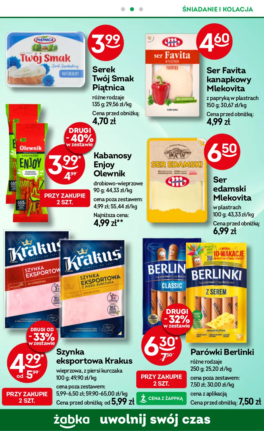 Gazetka promocyjna Żabka - ważna 02.01 do 14.01.2025 - strona 31 - produkty: Berlinki, Edam, Fa, Favita, Kabanos, Krakus, Kurczak, Mleko, Mlekovita, Olewnik, Parówki, Piątnica, Por, Ser, Serek, Sport, Szynka, Twój Smak