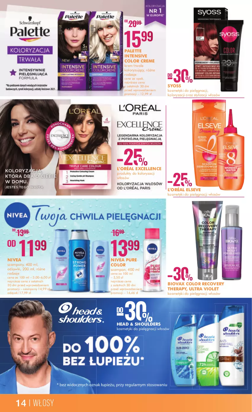 Gazetka promocyjna Super Pharm - Gazetka - ważna 20.03 do 31.03.2023 - strona 14 - produkty: Biovax, Color Creme, Elseve, Kosmetyki do pielęgnacji, L’Oréal, Nivea, Palette, Pur, Pure Color, Syoss, Szampon