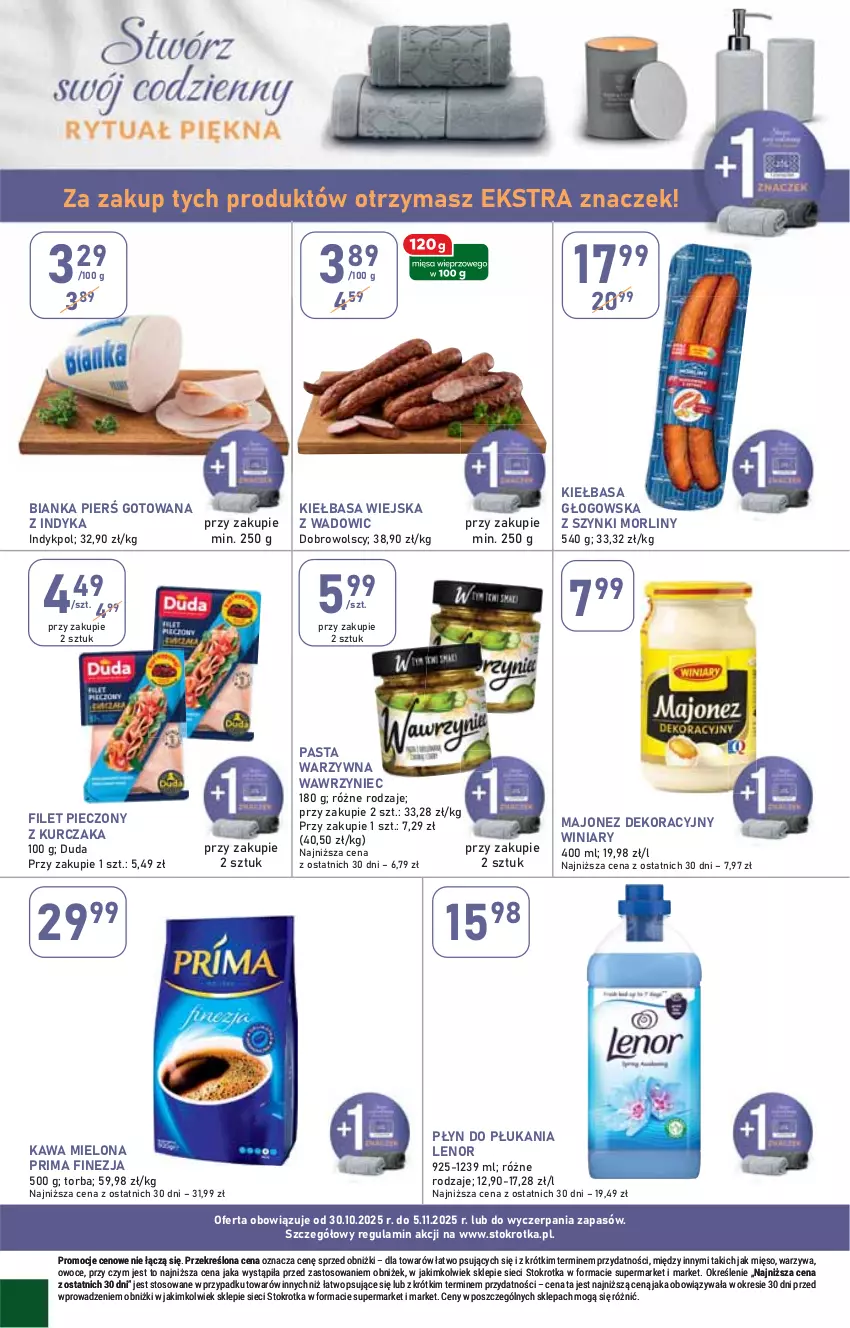 Gazetka promocyjna Stokrotka - Market - ważna 30.10 do 05.11.2025 - strona 22 - produkty: Bianka, Duda, Kawa, Kawa mielona, Kiełbasa, Kiełbasa głogowska, Kiełbasa wiejska, Kurczak, Lenor, Majonez, Mięso, Morliny, Owoce, Pasta warzywna, Piec, Płyn do płukania, Prima, Torba, Warzywa, Winiary