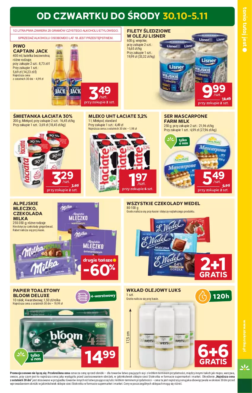 Gazetka promocyjna Stokrotka - Market - ważna 30.10 do 05.11.2025 - strona 3 - produkty: Captain Jack, Czekolada, Fa, Farm Milk, Gin, Gra, Lisner, Mascarpone, Mięso, Milka, Mleczko, Mleko, Olej, Owoce, Papier, Papier toaletowy, Piwa, Piwo, Ser, Warzywa, Wkład olejowy