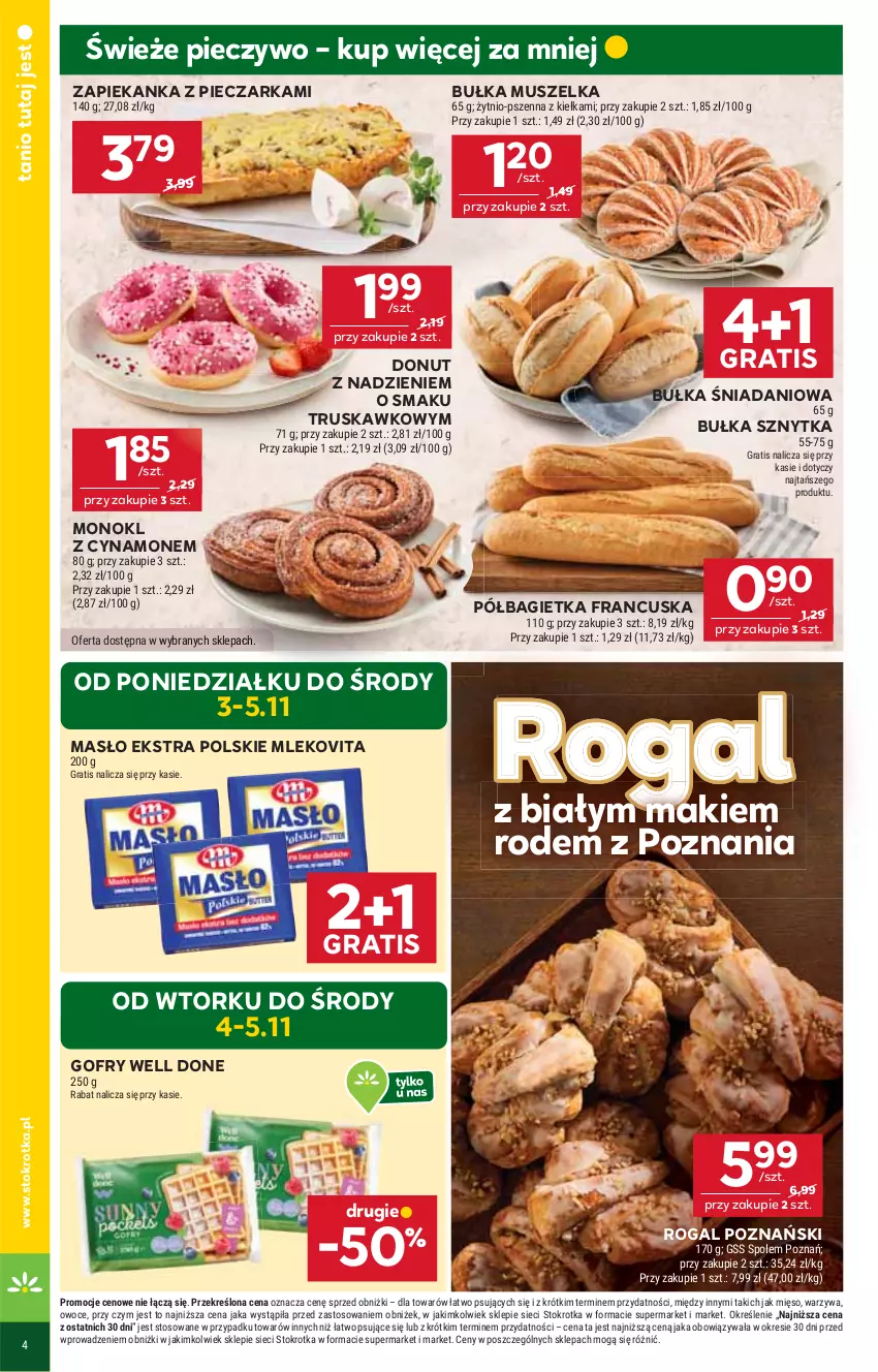Gazetka promocyjna Stokrotka - Market - ważna 30.10 do 05.11.2025 - strona 4 - produkty: Bagietka, Bułka, Danio, Donut, Gofry, Gra, Masło, Mięso, Mleko, Mlekovita, Mus, Owoce, Piec, Pieczarka, Pieczywo, Półbagietka, Rogal, Warzywa, Zapiekanka