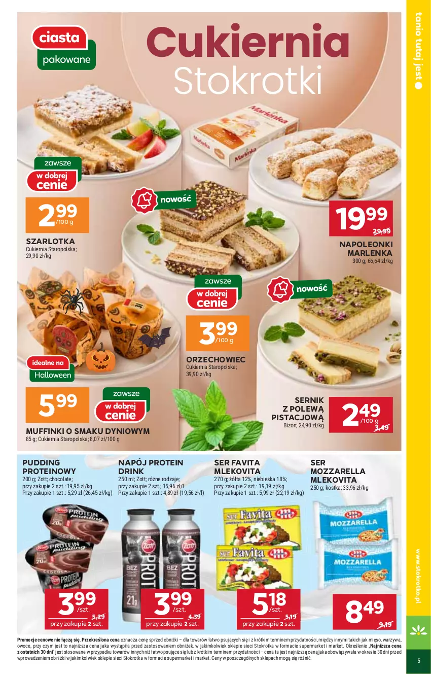 Gazetka promocyjna Stokrotka - Market - ważna 30.10 do 05.11.2025 - strona 5 - produkty: Cukier, Fa, Favita, Leon, Mięso, Mleko, Mlekovita, Mozzarella, Muffinki, Napój, Oleo, Owoce, Pudding, Ser, Szarlotka, Warzywa, Zott