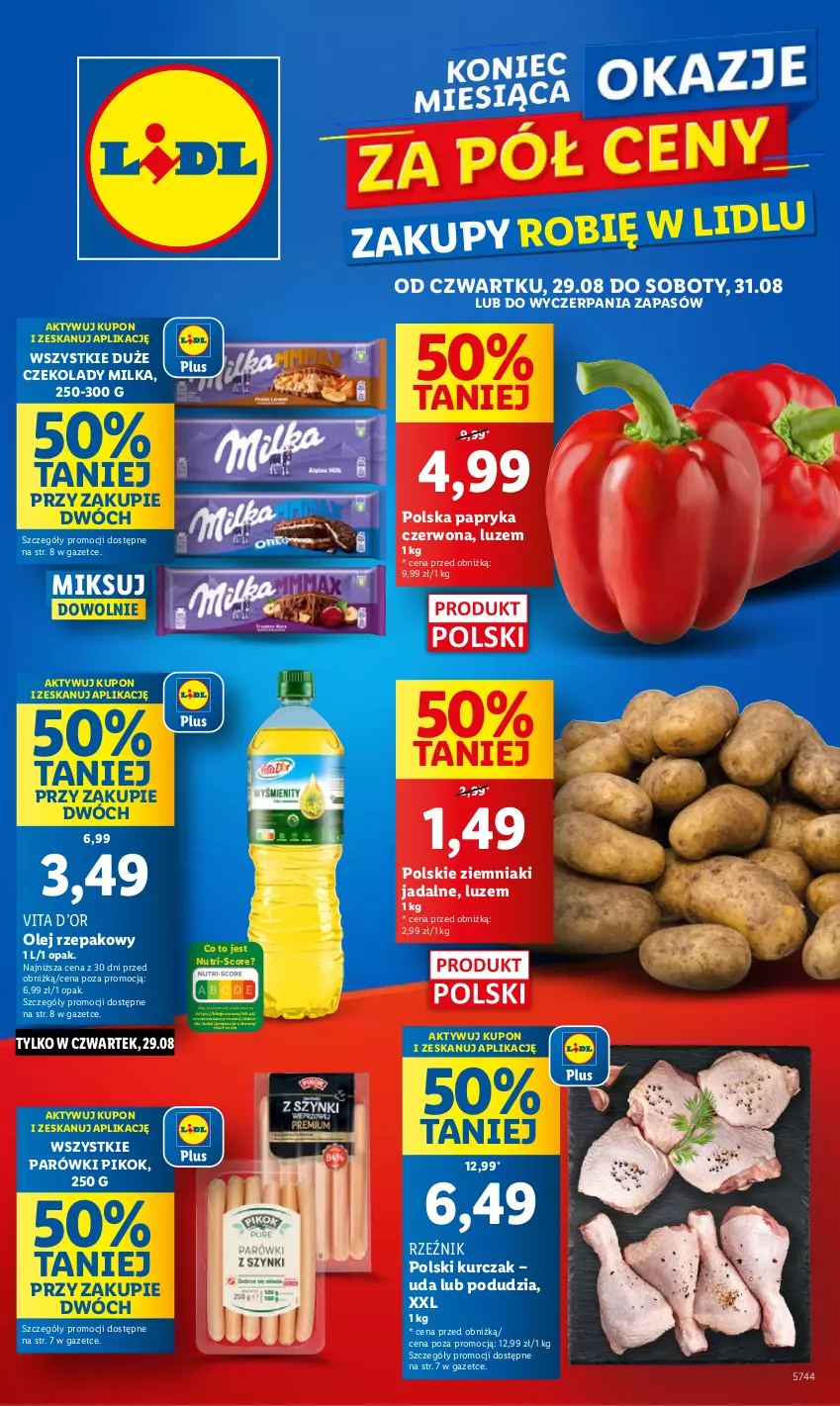 Gazetka promocyjna Lidl - GAZETKA - ważna 29.08 do 31.08.2024 - strona 1 - produkty: Kurczak, Milka, Olej, Olej rzepakowy, Papryka, Papryka czerwona, Parówki, PIKOK, Wazon, Ziemniaki