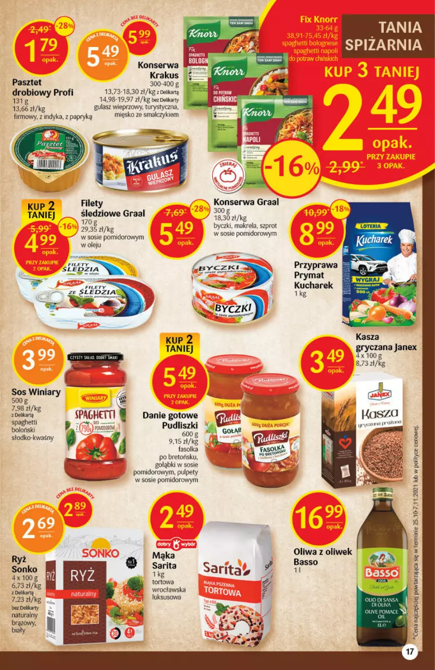 Gazetka promocyjna Delikatesy Centrum - Gazetka DC01 n.fresh - ważna 05.01 do 12.01.2022 - strona 17 - produkty: Danie gotowe, Fa, Gra, Graal, Gry, Kasza, Krakus, Kucharek, Mąka, Olej, Oliwa z oliwek, Pasztet, Prymat, Pudliszki, Pulpety, Ryż, Sarita, Ser, Sonko, Sos, Spaghetti, Szprot, Winiary