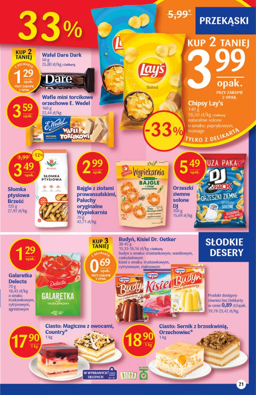 Gazetka promocyjna Delikatesy Centrum - Gazetka DC01 n.fresh - ważna 05.01 do 12.01.2022 - strona 21 - produkty: Bajgle, Budyń, Delecta, Deser, Dr. Oetker, E. Wedel, Gala, Galaretka, Gin, Gres, Kisiel, Orzeszki, Ser, Wafle