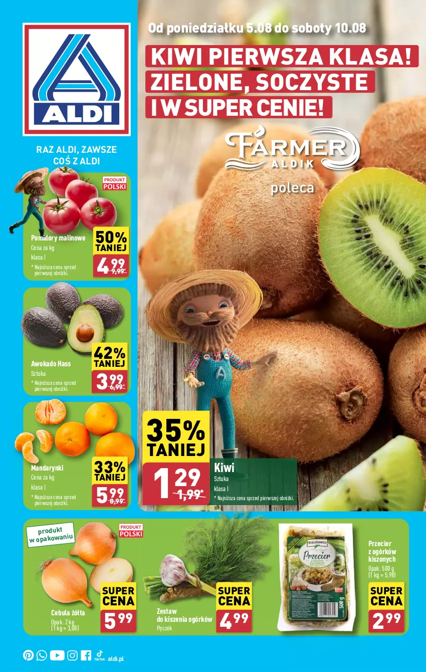 Gazetka promocyjna Aldi - Farmer ALDIK poleca świeże owoce i warzywa - ważna 05.08 do 10.08.2024 - strona 1 - produkty: Cebula, Kiwi, Mandarynki, Pomidory