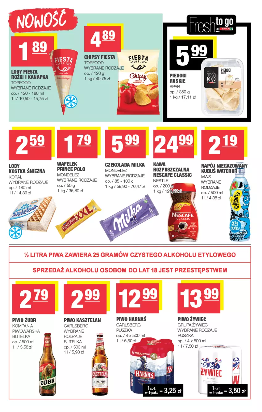 Gazetka promocyjna Spar - Spar-Mini - ważna 13.07 do 23.07.2025 - strona 3 - produkty: Carlsberg, Chipsy, Czekolada, Kasztelan, Kawa, Kubuś, Lody, Milka, Pierogi, Piwo, Prince Polo, Top, Wafelek