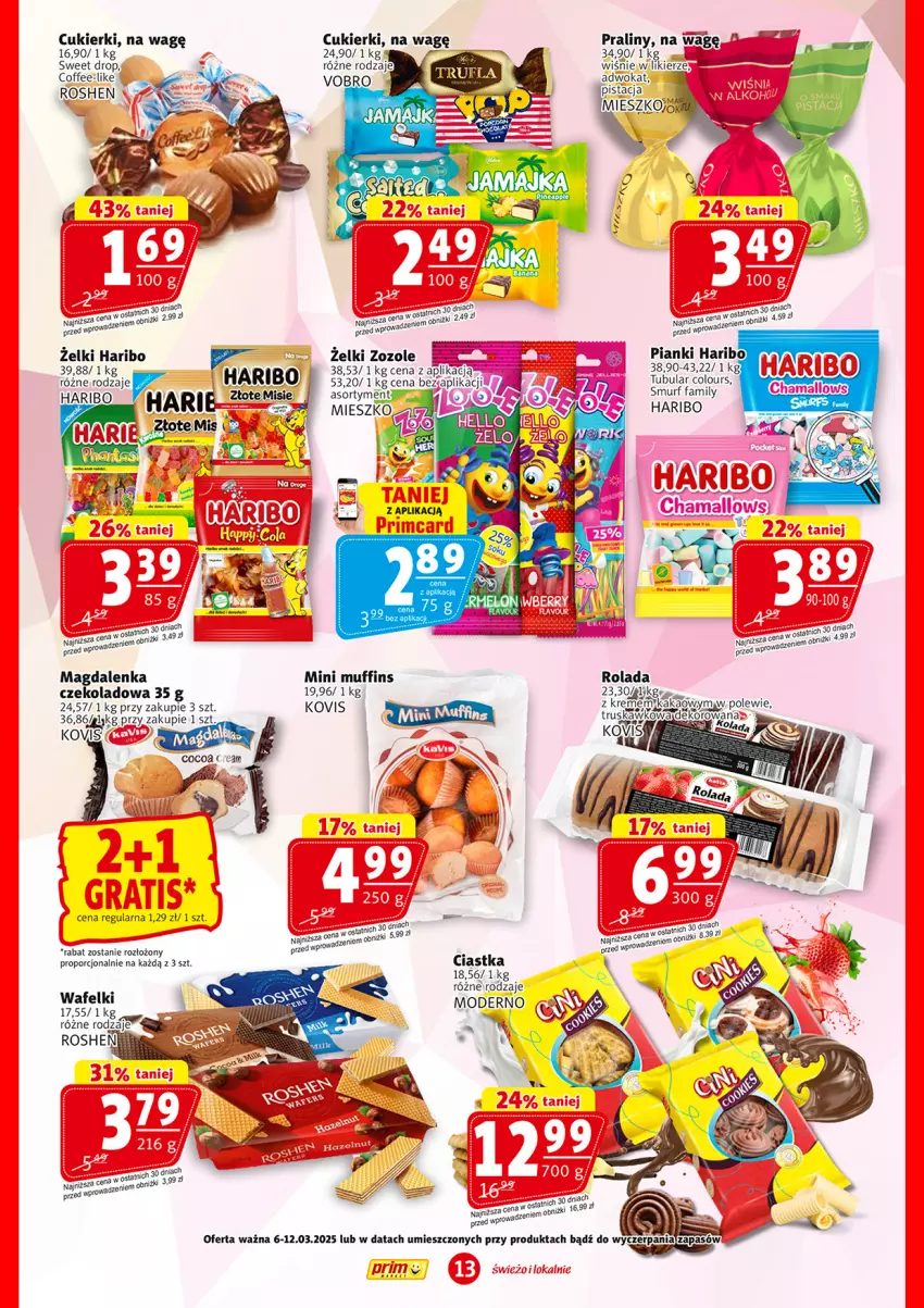 Gazetka promocyjna Prim Market - ważna 06.03 do 12.03.2025 - strona 13 - produkty: Ciastka, Cukier, Cukierki, Fa, Haribo, Por, Praliny, Rolada