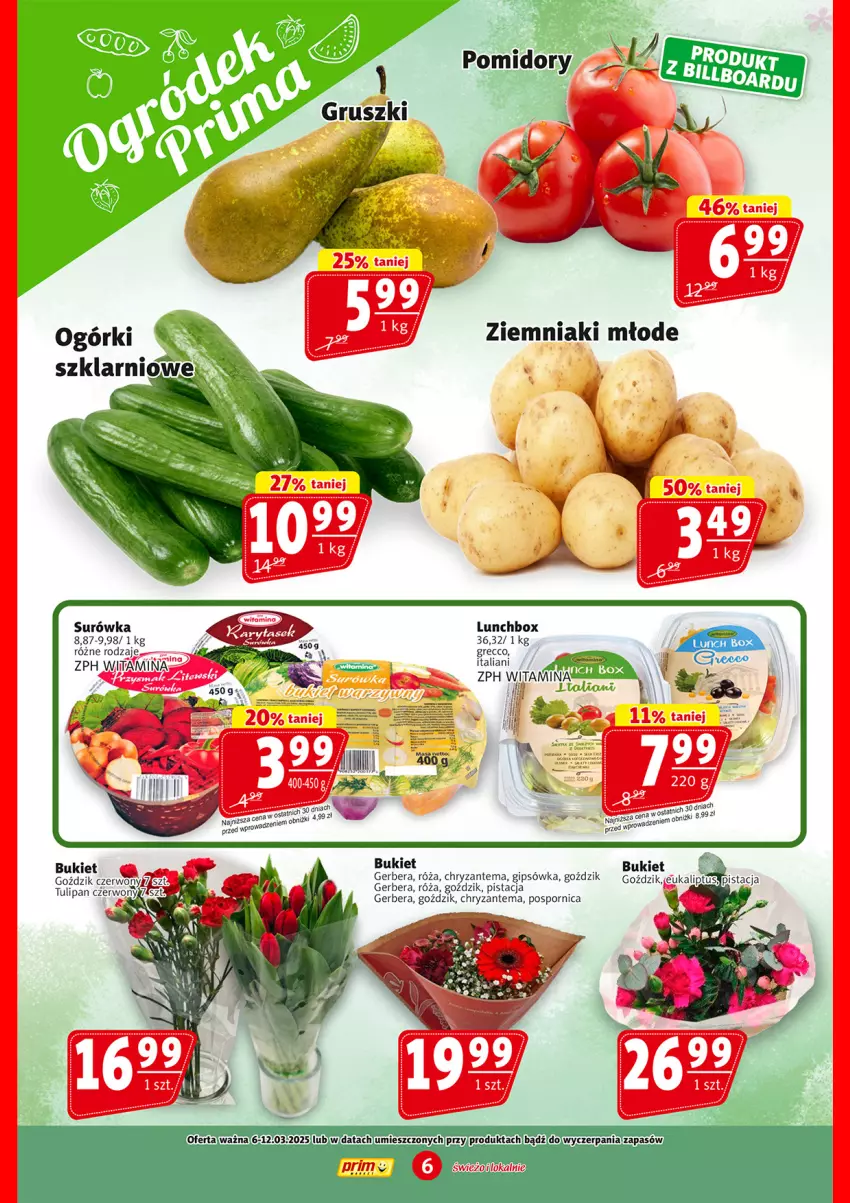 Gazetka promocyjna Prim Market - ważna 06.03 do 12.03.2025 - strona 6 - produkty: Bukiet, Chryzantema, Gerber, Gruszki, Por, Róża, Ser, Surówka, Tulipan