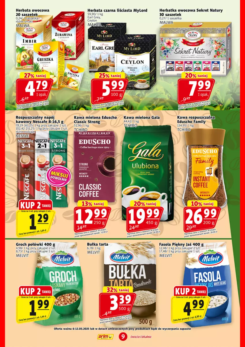 Gazetka promocyjna Prim Market - ważna 06.03 do 12.03.2025 - strona 9 - produkty: Bułka, Bułka tarta, Earl Grey, Fa, Fasola, Gala, Groch, Herbata, Herbata czarna, Herbata owocowa, Imbir, Kawa, Kawa mielona, Kret, Melvit, Napój, Tarta, Tchibo