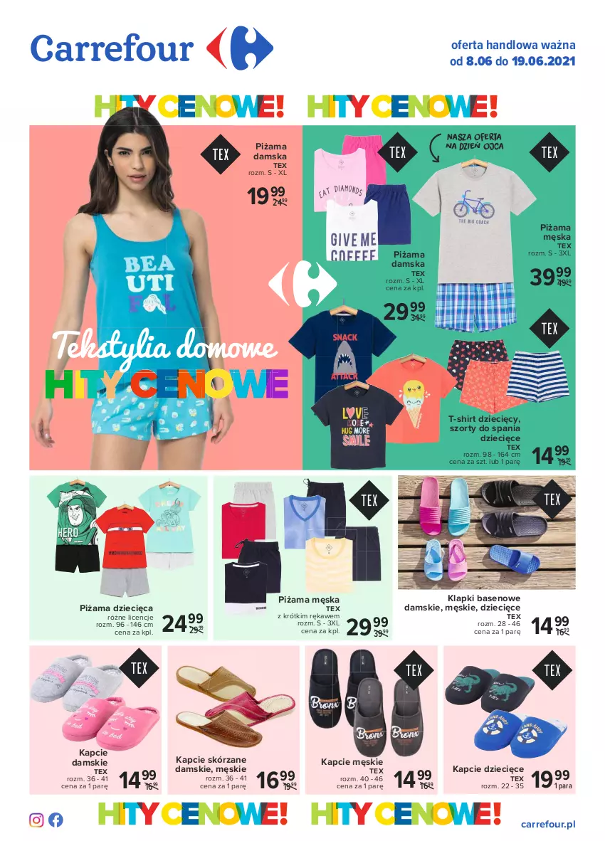 Gazetka promocyjna Carrefour - Gazetka Hity cenowe - ważna 07.06 do 19.06.2021 - strona 1 - produkty: Dzieci, Kapcie, Klapki, Piżama, Szorty, T-shirt