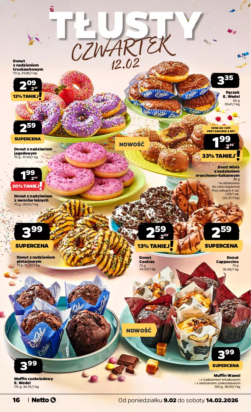 Gazetka promocyjna Netto - Od Poniedziałku - ważna 09.02 do 14.02.2026 - strona 16 - produkty: Cappuccino, Donut, E. Wedel, Kakao, Pączek, Wawel