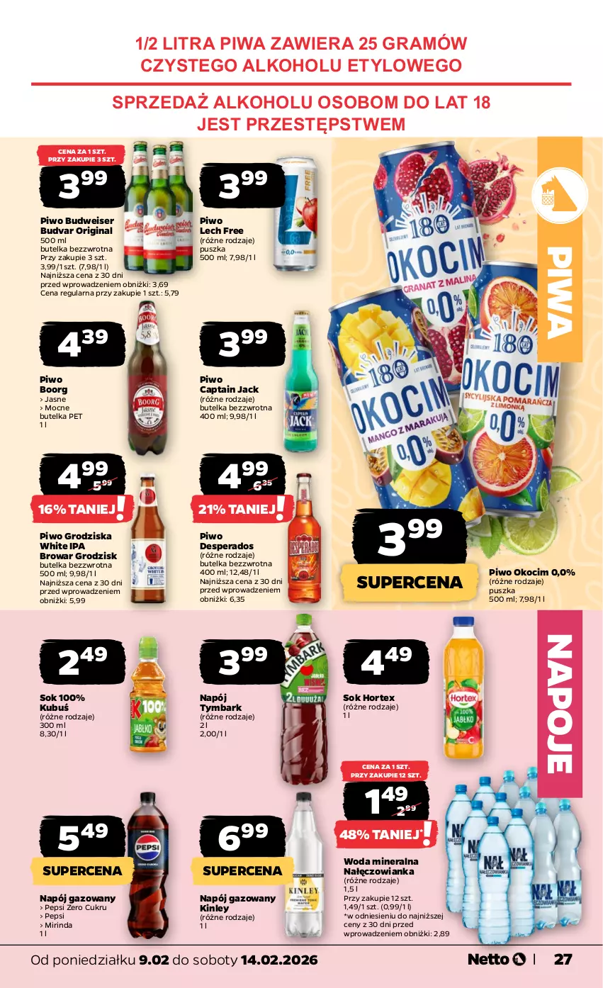 Gazetka promocyjna Netto - Od Poniedziałku - ważna 09.02 do 14.02.2026 - strona 27 - produkty: Captain Jack, Desperados, Gin, Gra, Hortex, Koc, Kubuś, Mirinda, Nałęczowianka, Napój, Napój gazowany, Napoje, Okocim, Pepsi, Piwa, Piwo, Ser, Sok, Tymbark, Woda, Woda mineralna