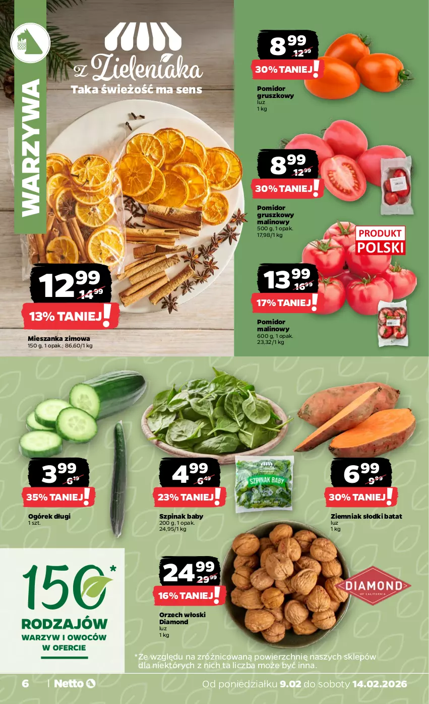 Gazetka promocyjna Netto - Od Poniedziałku - ważna 09.02 do 14.02.2026 - strona 6 - produkty: Ogórek, Pomidor malinowy, Szpinak, Warzywa