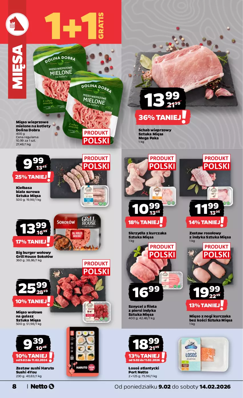 Gazetka promocyjna Netto - Od Poniedziałku - ważna 09.02 do 14.02.2026 - strona 8 - produkty: Burger, Gra, Grill, Kiełbasa, Kiełbasa biała, Kotlet, Kurczak, Mięso, Mięso wieprzowe, Mięso wołowe, Por, Schab wieprzowy, Sok, Sokołów, Sushi