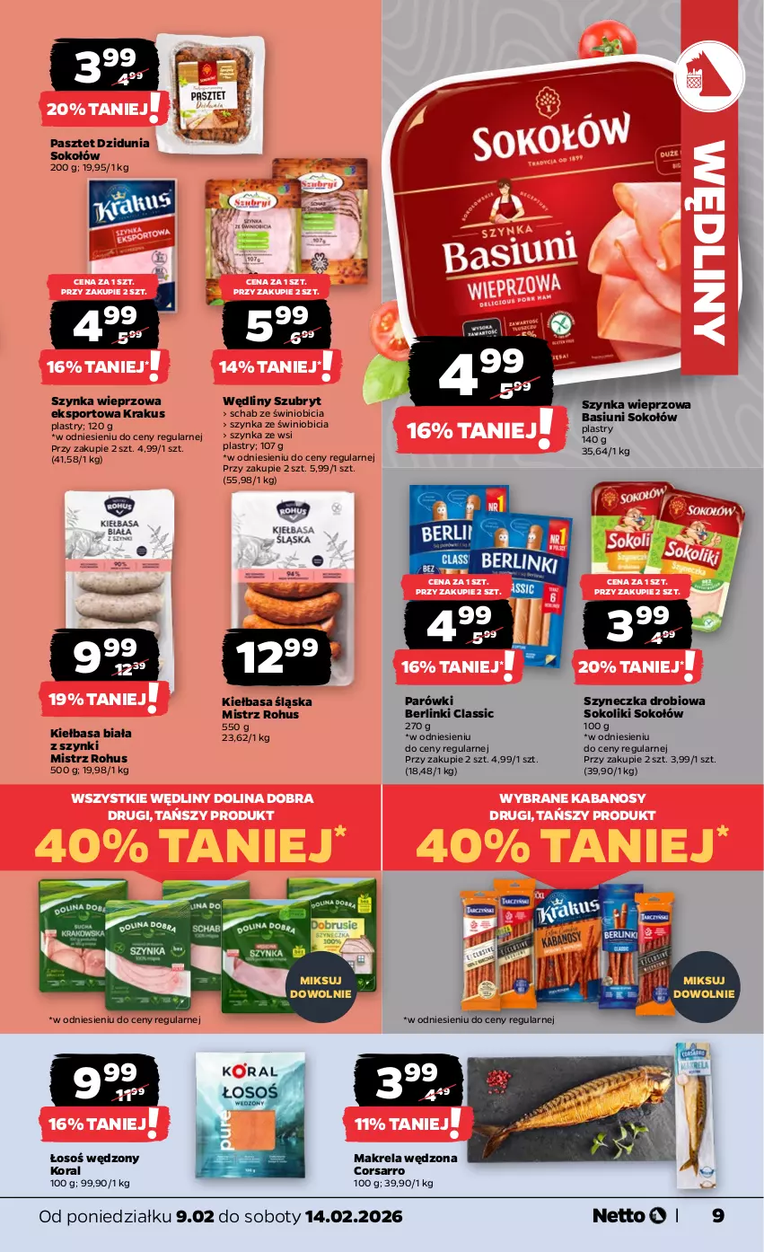 Gazetka promocyjna Netto - Od Poniedziałku - ważna 09.02 do 14.02.2026 - strona 9 - produkty: Berlinki, BIC, Kabanos, Kiełbasa, Kiełbasa biała, Kiełbasa śląska, Krakus, Parówki, Pasztet, Por, Sok, Sokołów, Sport, Szubryt, Szynka, Szynka wieprzowa