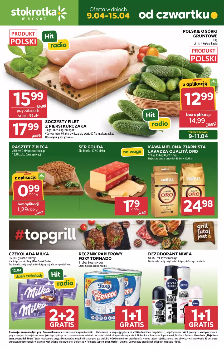 Gazetka promocyjna Stokrotka - Market - ważna 09.04 do 15.04.2026 - strona 1 - produkty: Czekolada, Dezodorant, Filet z piersi kurczaka, Foxy, Gouda, Gra, Grunt, Kawa, Kawa mielona, Kurczak, Lavazza, Mięso, Milka, Nivea, Optima, Owoce, Papier, Pasztet, Piec, Ręcznik, Ser, Torba, Warzywa