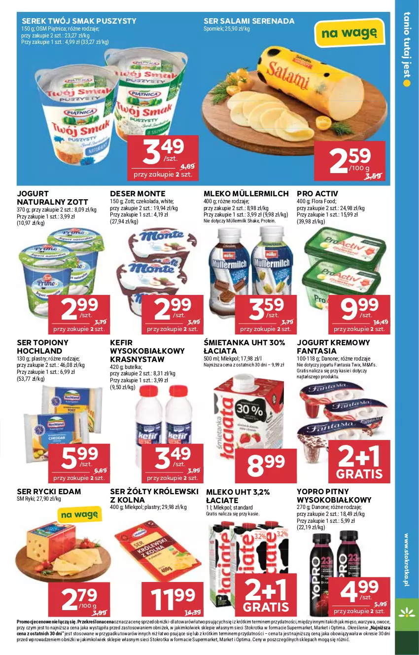 Gazetka promocyjna Stokrotka - Market - ważna 09.04 do 15.04.2026 - strona 11 - produkty: Czekolada, Danone, Deser, Edam, Fa, Fanta, Flora, Gra, Hochland, Jogurt, Jogurt naturalny, Kefir, Królewski, Mięso, Mleko, Monte, Müller, Müllermilch, Optima, Owoce, Piątnica, Rycki Edam, Salami, Ser, Ser salami, Ser topiony, Serek, Sok, Top, Twix, Twój Smak, Warzywa, Zott