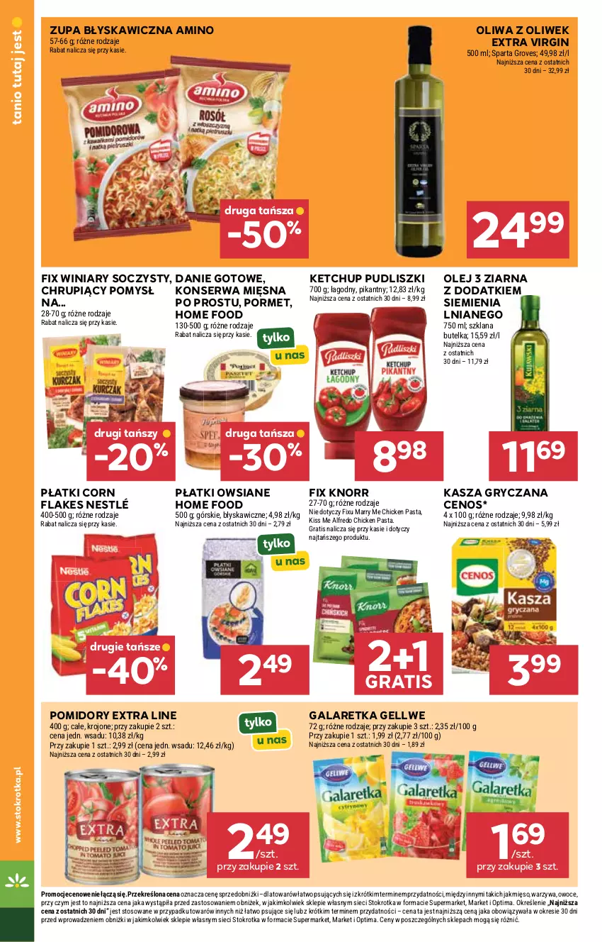 Gazetka promocyjna Stokrotka - Market - ważna 09.04 do 15.04.2026 - strona 12 - produkty: Cenos, Corn flakes, Danie gotowe, Gala, Galaretka, Gin, Gra, Gry, Kasza, Kasza gryczana, Ketchup, Knorr, LANA, Mięso, Nestlé, Olej, Oliwa, Oliwa z oliwek, Optima, Owoce, Płatki owsiane, Pomidory, Por, Pudliszki, Ser, Warzywa, Winiary, Zupa