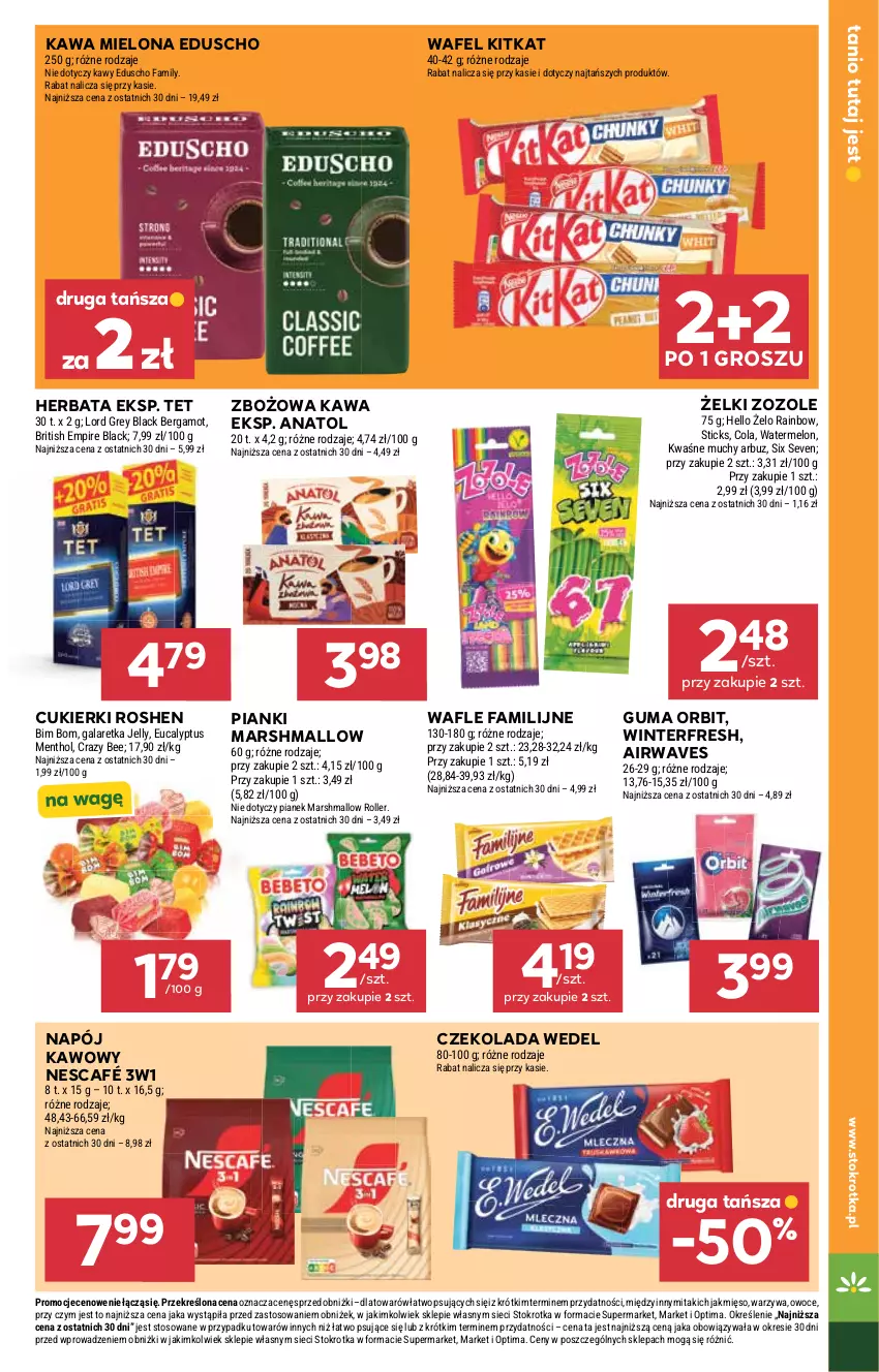 Gazetka promocyjna Stokrotka - Market - ważna 09.04 do 15.04.2026 - strona 13 - produkty: Arbuz, Brit, Cukier, Cukierki, Czekolada, Fa, Gala, Galaretka, Herbata, Kawa, Kawa mielona, Lack, Mars, Melon, Mięso, Napój, Nescafé, Optima, Orbit, Owoce, Roller, Wafle, Warzywa
