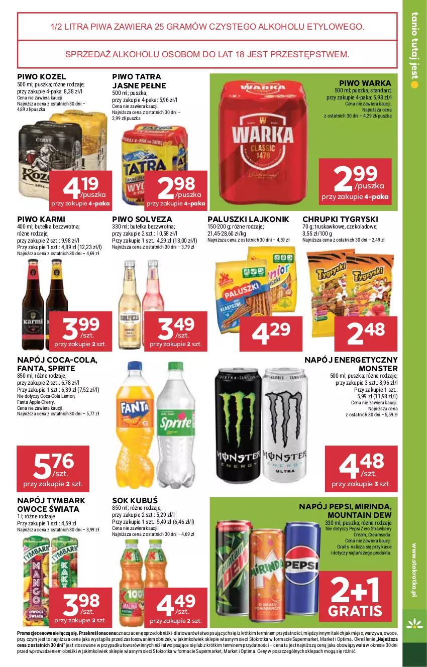 Gazetka promocyjna Stokrotka - Market - ważna 09.04 do 15.04.2026 - strona 18 - produkty: Chrupki, Coca-Cola, Fa, Fanta, Gra, Gry, Karmi, Kozel, Kubuś, Lajkonik, Mięso, Mirinda, Napój, Napój energetyczny, Optima, Owoce, Pepsi, Piwa, Piwo, Sok, Sprite, Tatra, Tymbark, Warka, Warzywa