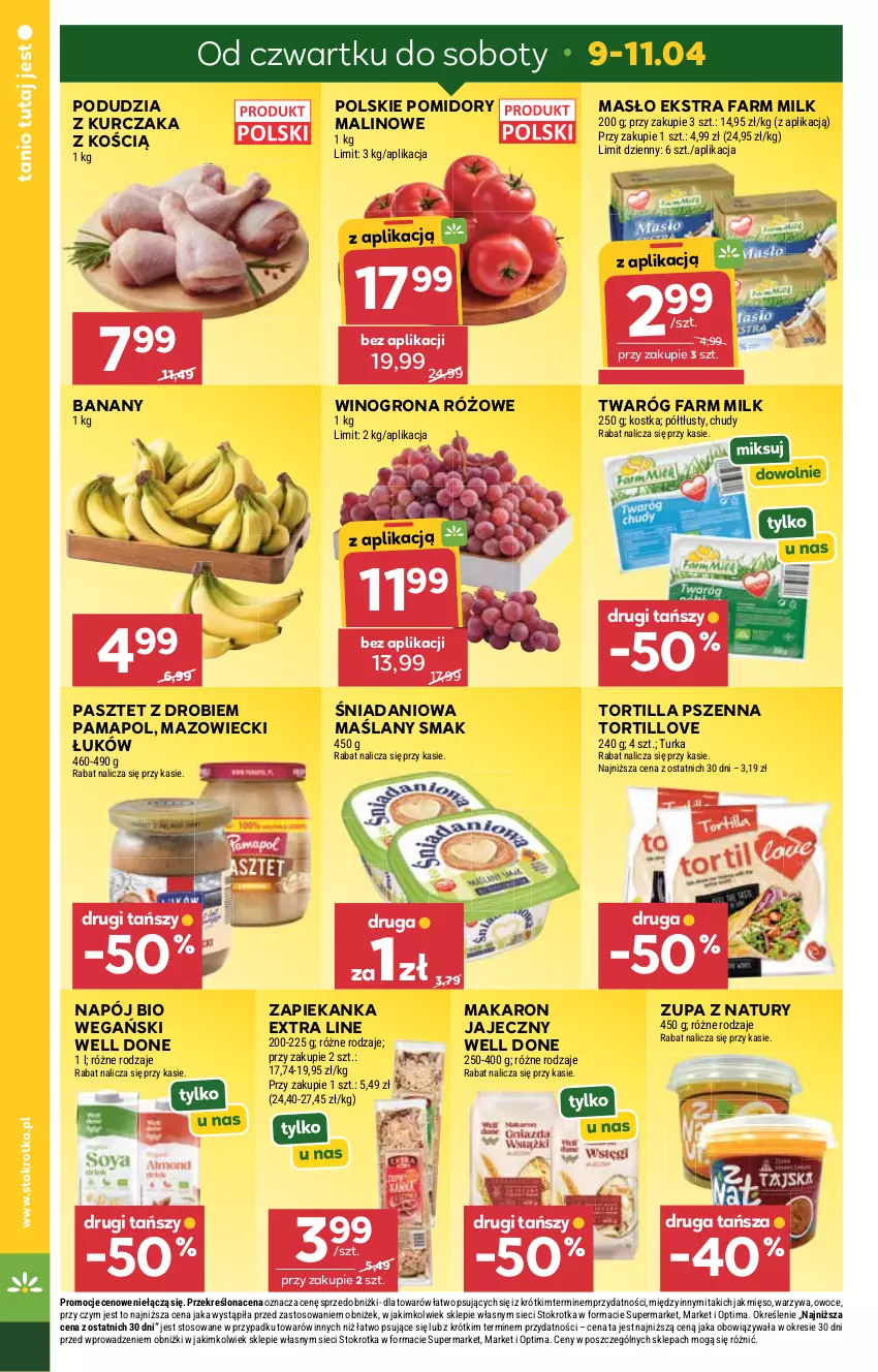 Gazetka promocyjna Stokrotka - Market - ważna 09.04 do 15.04.2026 - strona 2 - produkty: Banany, Danio, Fa, Farm Milk, Kurczak, Makaron, Masło, Mięso, Napój, Optima, Owoce, Pasztet, Pomidory, Tortilla, Twaróg, Warzywa, Wino, Winogrona, Zapiekanka, Zupa