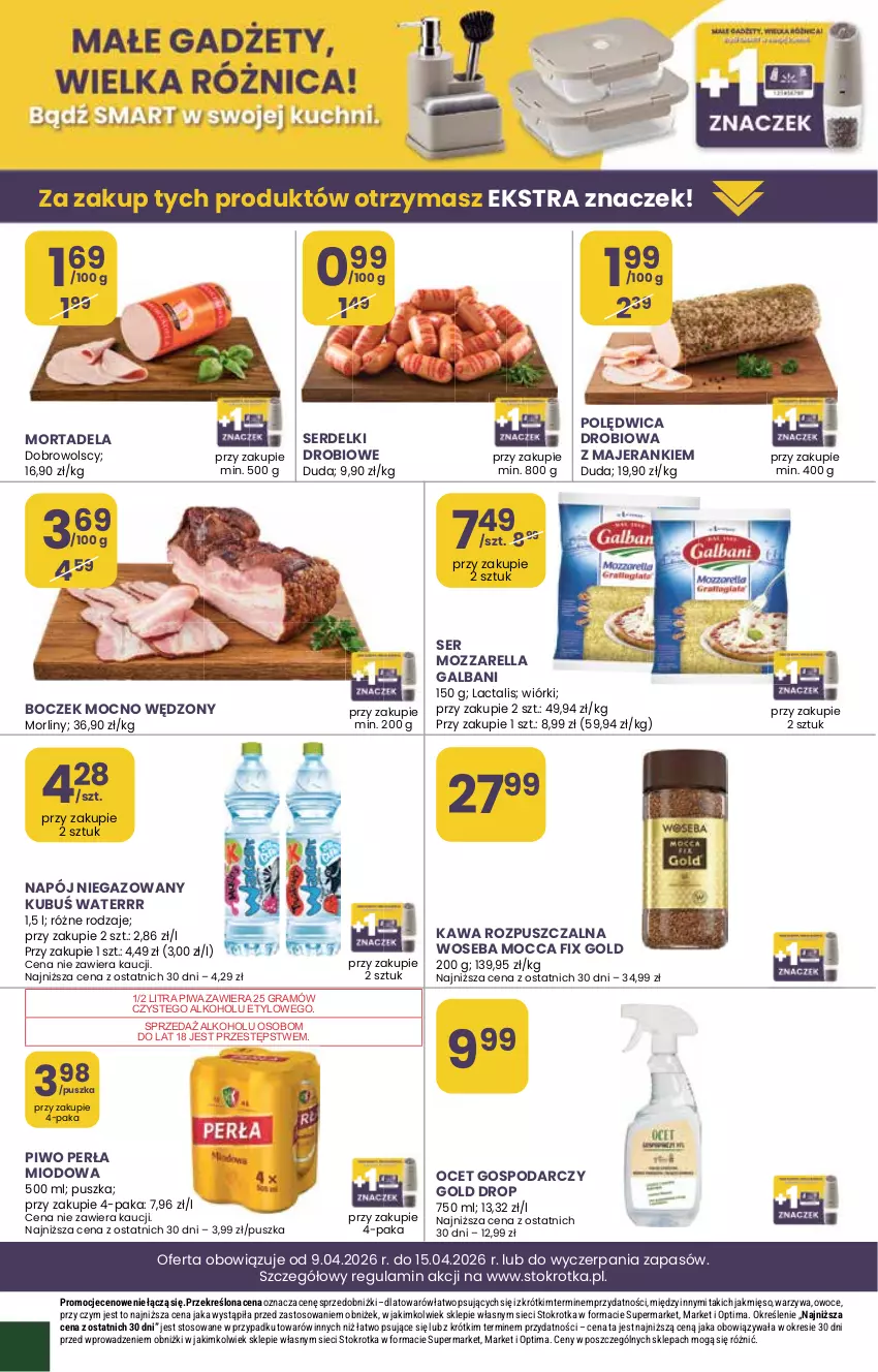 Gazetka promocyjna Stokrotka - Market - ważna 09.04 do 15.04.2026 - strona 20 - produkty: Boczek, Duda, Galbani, Gra, Kawa, Kawa rozpuszczalna, Kubuś, Kubuś Waterrr, Mięso, Mocca Fix Gold, Morliny, Mozzarella, Napój, Napój niegazowany, Ocet, Optima, Owoce, Perła, Piwa, Piwo, Polędwica, Ser, Serdelki, Warzywa, Woseba