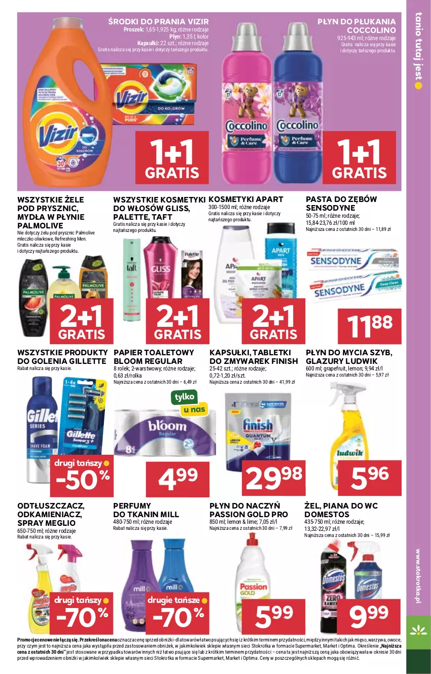 Gazetka promocyjna Stokrotka - Market - ważna 09.04 do 15.04.2026 - strona 21 - produkty: Coccolino, Domestos, Finish, Gillette, Gra, Lazur, Ludwik, Mięso, Mleczko, Odkamieniacz, Odtłuszczacz, Optima, Owoce, Palette, Palmolive, Papier, Papier toaletowy, Pasta do zębów, Perfum, Płyn do mycia, Płyn do płukania, Sensodyne, Tablet, Taft, Vizir, Warzywa