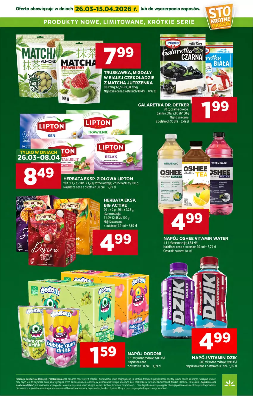 Gazetka promocyjna Stokrotka - Market - ważna 09.04 do 15.04.2026 - strona 28 - produkty: Dr. Oetker, Gala, Galaretka, Herbata, Jutrzenka, LG, Lipton, Mięso, Migdały, Napój, Optima, Oshee, Owoce, Panna cotta, Ser, Warzywa