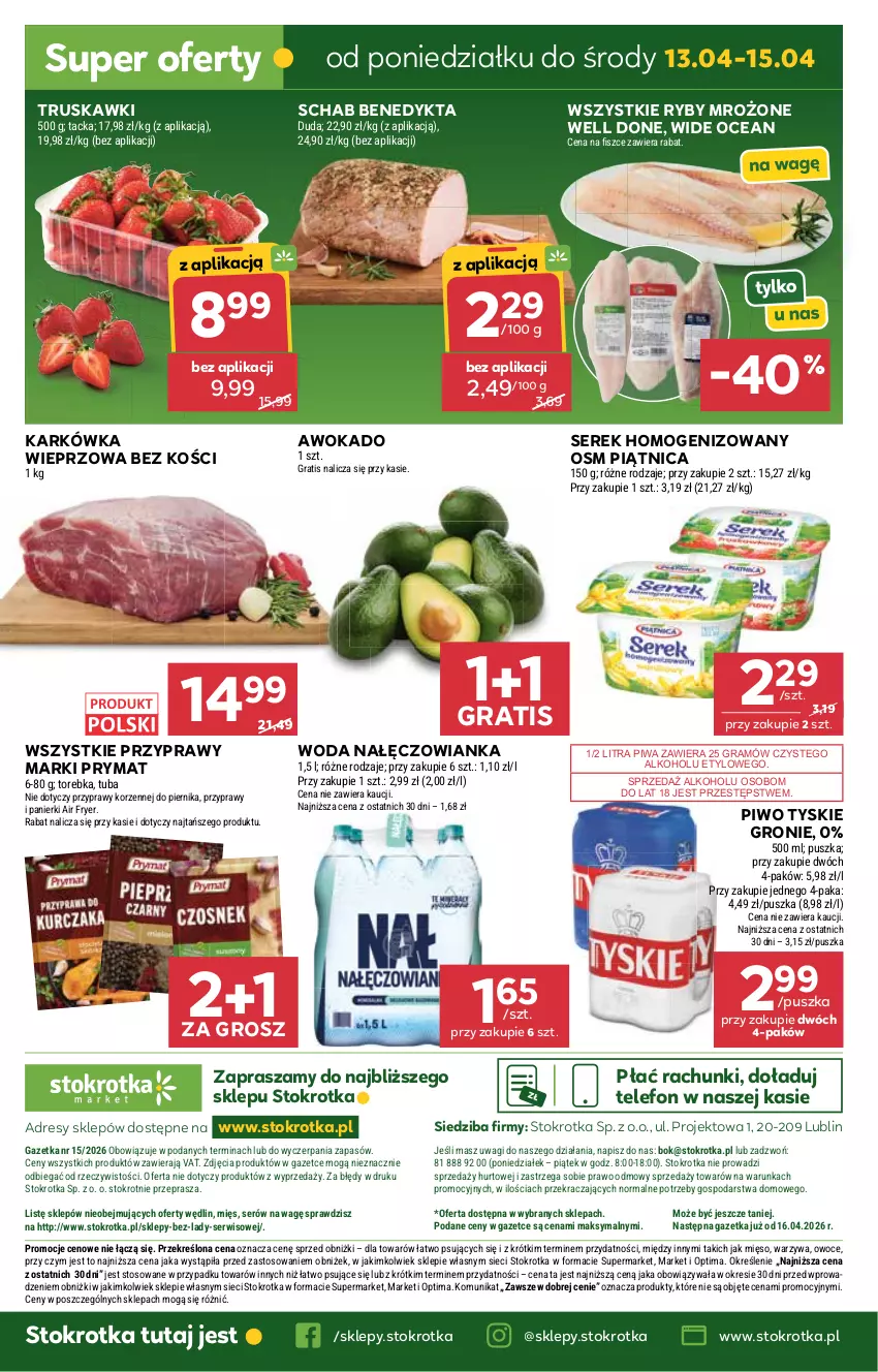 Gazetka promocyjna Stokrotka - Market - ważna 09.04 do 15.04.2026 - strona 29 - produkty: Dres, Duda, Gra, JBL, Karkówka wieprzowa, Mięso, Nałęczowianka, O nas, Optima, Owoce, Piątnica, Piernik, Piwa, Piwo, Prymat, Przyprawy, Schab Benedykta, Ser, Serek, Serek homogenizowany, Telefon, Torebka, Truskawki, Tyskie, Wagi, Warzywa, Woda