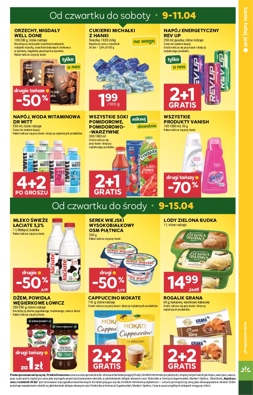 Gazetka promocyjna Stokrotka - Market - ważna 09.04 do 15.04.2026 - strona 3 - produkty: Cappuccino, Cukier, Cukierki, Dżem, Gra, Kakao, Lody, Michałki, Mięso, Migdały, Mleko, Napój, Napój energetyczny, Optima, Owoce, Piątnica, Rodzynki, Rogal, Ser, Serek, Serek wiejski, Sok, Vanish, Warzywa, Woda, Zielona Budka