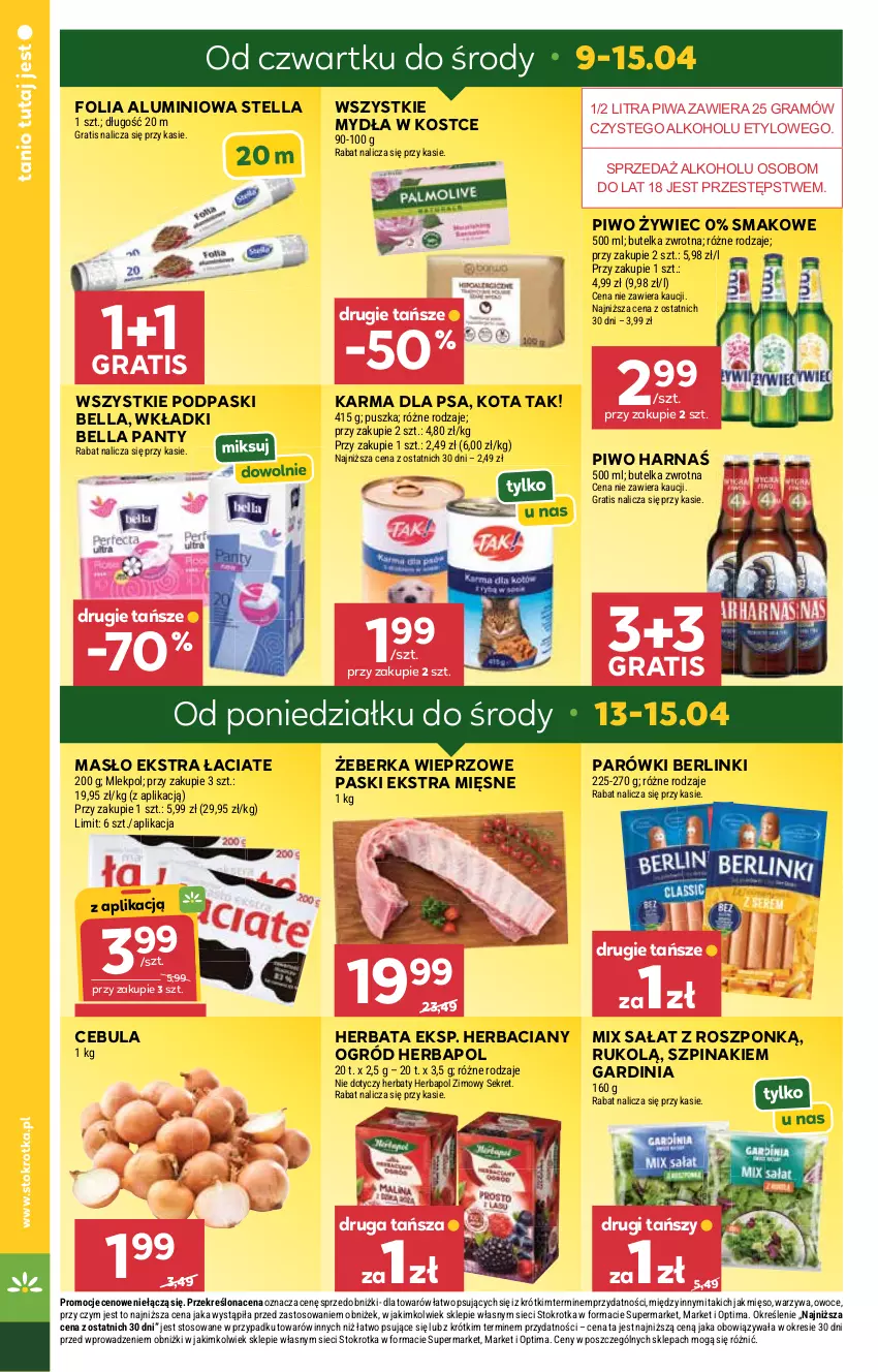 Gazetka promocyjna Stokrotka - Market - ważna 09.04 do 15.04.2026 - strona 4 - produkty: Bell, Bella, Berlinki, Cebula, Folia aluminiowa, Gra, Harnaś, Herbapol, Herbata, Kret, Masło, Mięso, Ogród, Optima, Owoce, Parówki, Piwa, Piwo, Podpaski, Sałat, Szpinak, Warzywa, Wkładki