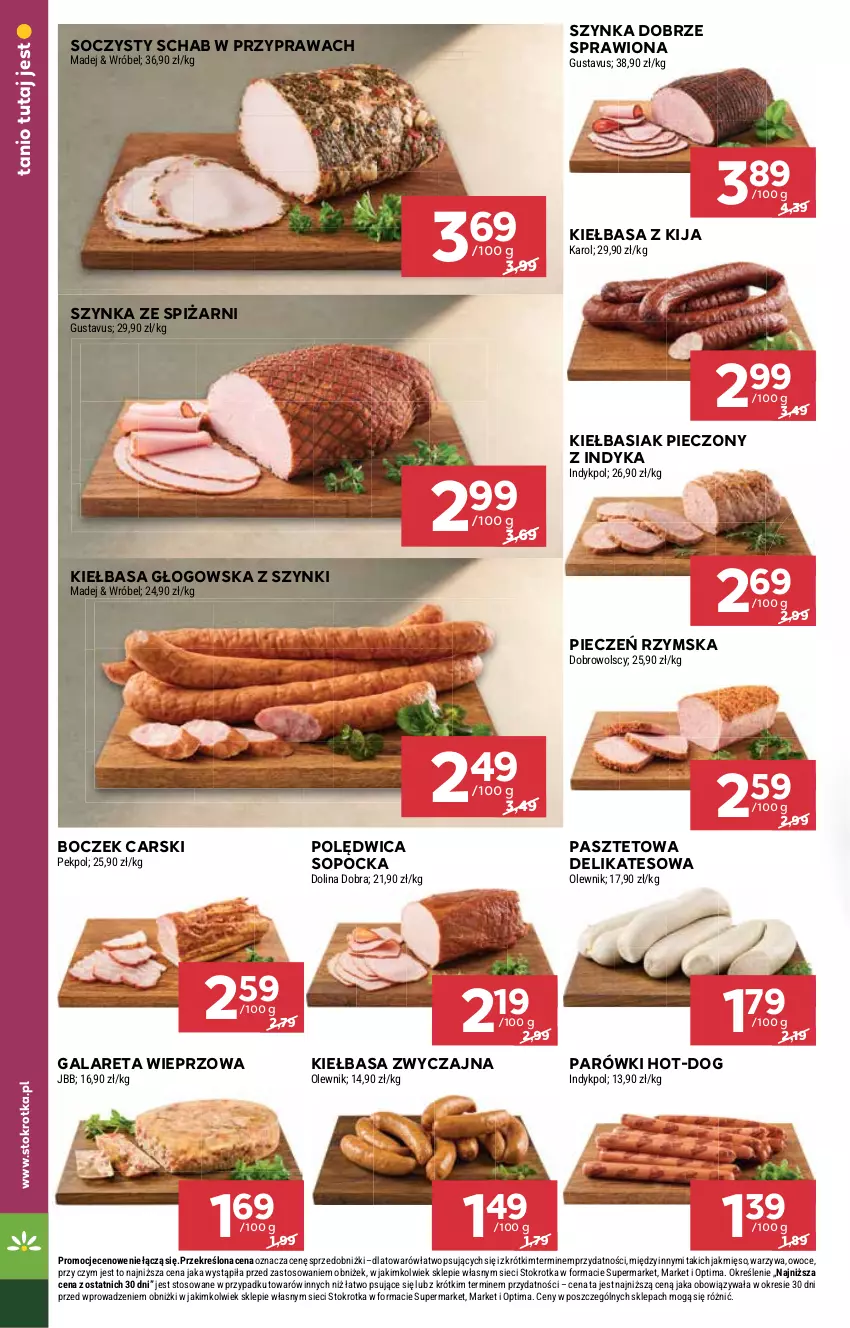Gazetka promocyjna Stokrotka - Market - ważna 09.04 do 15.04.2026 - strona 6 - produkty: Basia, Boczek, Cars, Gala, Kiełbasa, Kiełbasa głogowska, Mięso, Olewnik, Optima, Owoce, Parówki, Pasztet, Pekpol, Piec, Pieczeń rzymska, Polędwica, Szynka, Warzywa