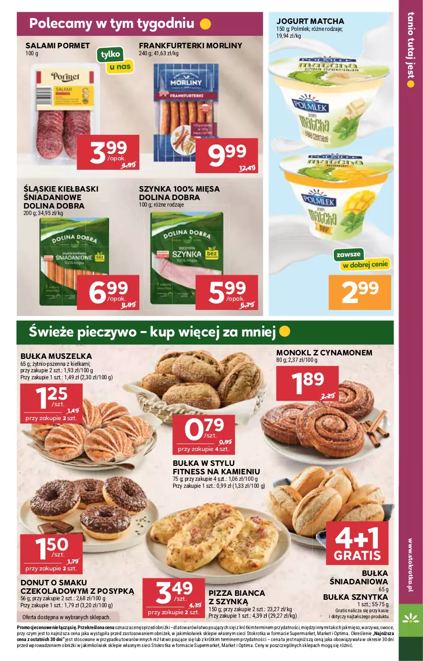 Gazetka promocyjna Stokrotka - Market - ważna 09.04 do 15.04.2026 - strona 7 - produkty: Bułka, Danio, Donut, Frankfurterki, Gra, Jogurt, Mięso, Morliny, Mus, Optima, Owoce, Piec, Pieczywo, Pizza, POLMLEK, Por, Salami, Szynka, Warzywa