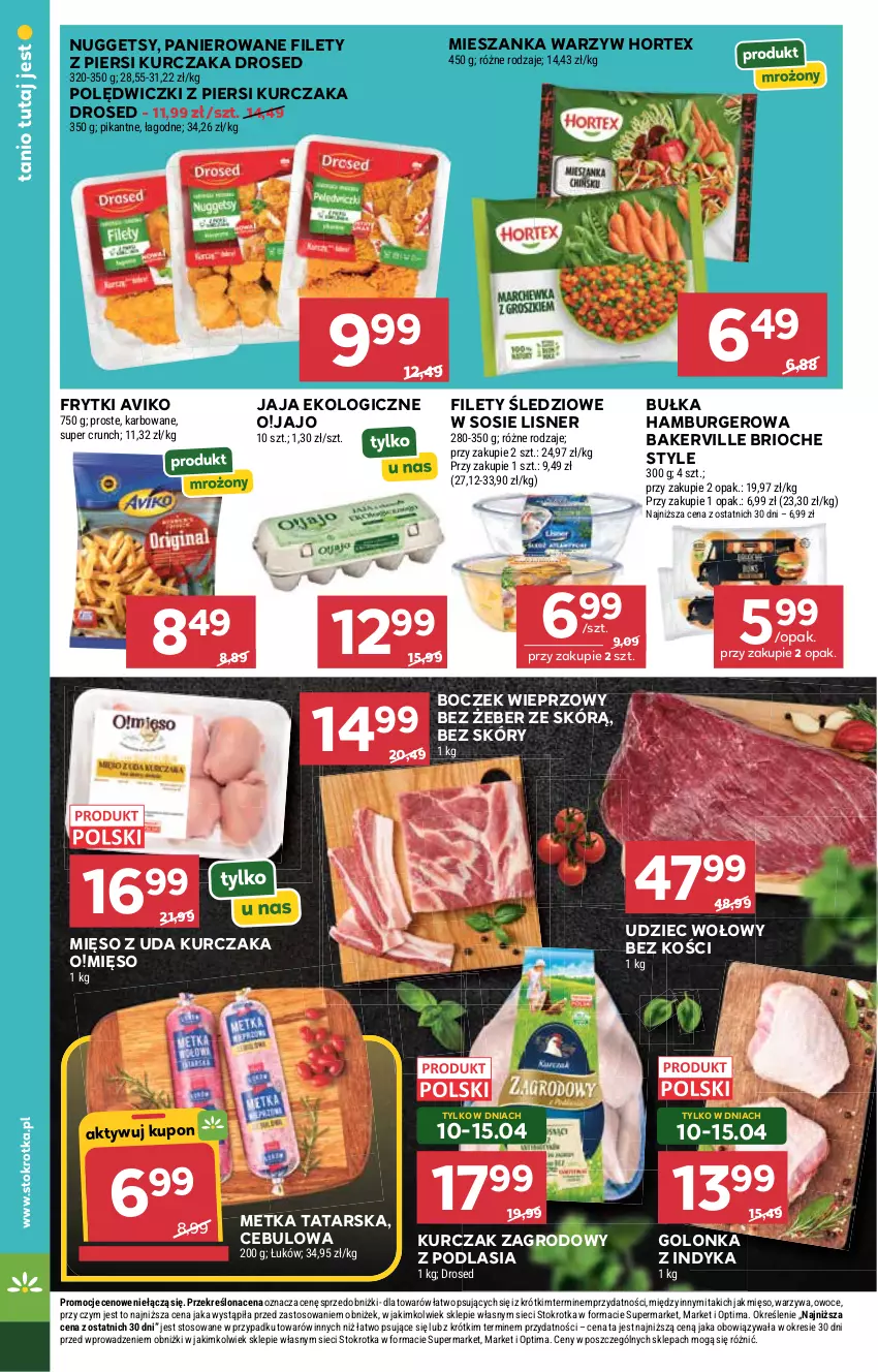 Gazetka promocyjna Stokrotka - Market - ważna 09.04 do 15.04.2026 - strona 8 - produkty: Boczek, Boczek wieprzowy, Bułka, Bułka hamburger, Burger, Frytki, Golonka z indyka, Hamburger, Hortex, Jaja, Kurczak, Lisner, Metka tatarska, Mięso, Mięso z uda kurczaka, Mieszanka warzyw, Optima, Owoce, Sos, Udziec wołowy, Warzywa
