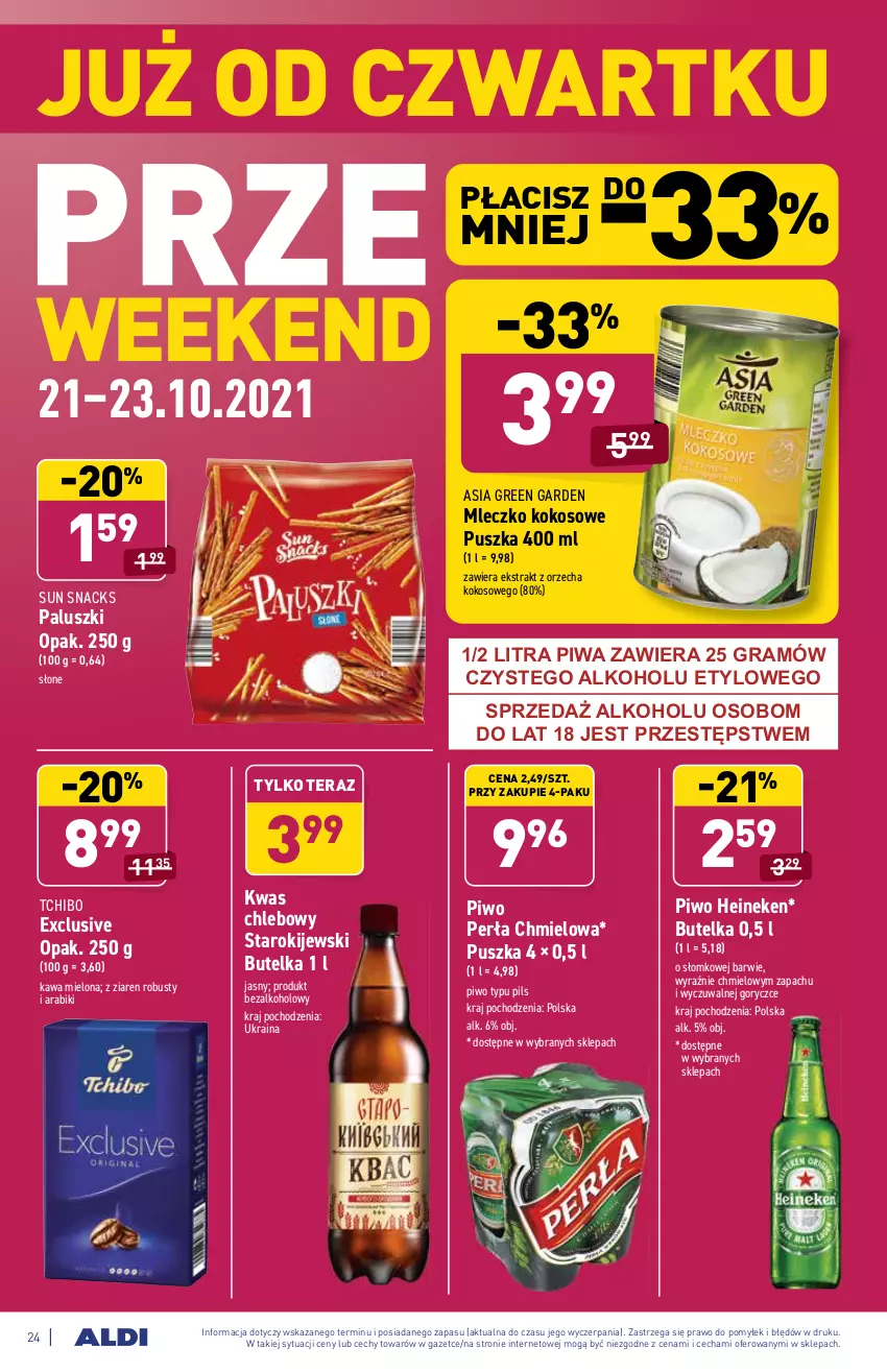 Gazetka promocyjna Aldi - ważna 18.10 do 23.10.2021 - strona 24 - produkty: Chleb, Gra, Heineken, Kawa, Kawa mielona, Kije, Kokos, Mleczko, Perła, Piwa, Piwo, Tchibo, Tera