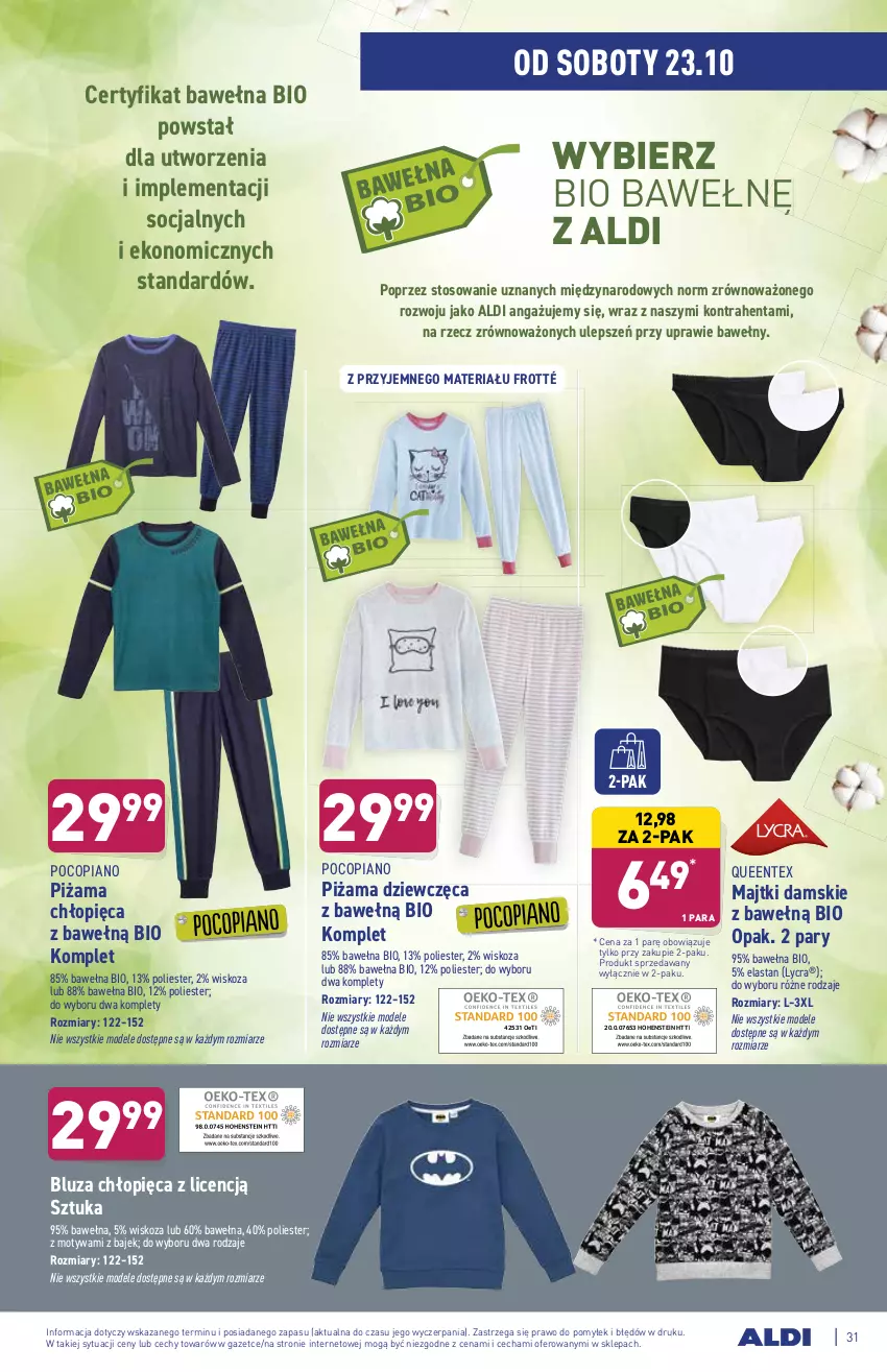 Gazetka promocyjna Aldi - ważna 18.10 do 23.10.2021 - strona 31 - produkty: Bluza, Majtki, Piżama, Pocopiano, Queentex, Wełna