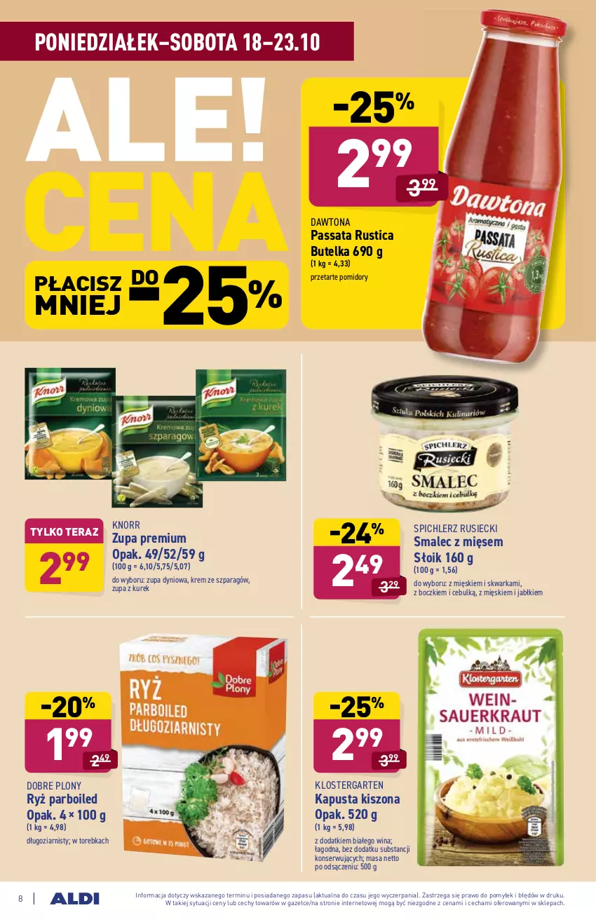 Gazetka promocyjna Aldi - ważna 18.10 do 23.10.2021 - strona 8 - produkty: Dawtona, Klostergarten, Knorr, Pomidory, Rust, Ryż, Ryż parboiled, Ser, Smalec, Spichlerz Rusiecki, Tera, Torebka, Warka, Zupa