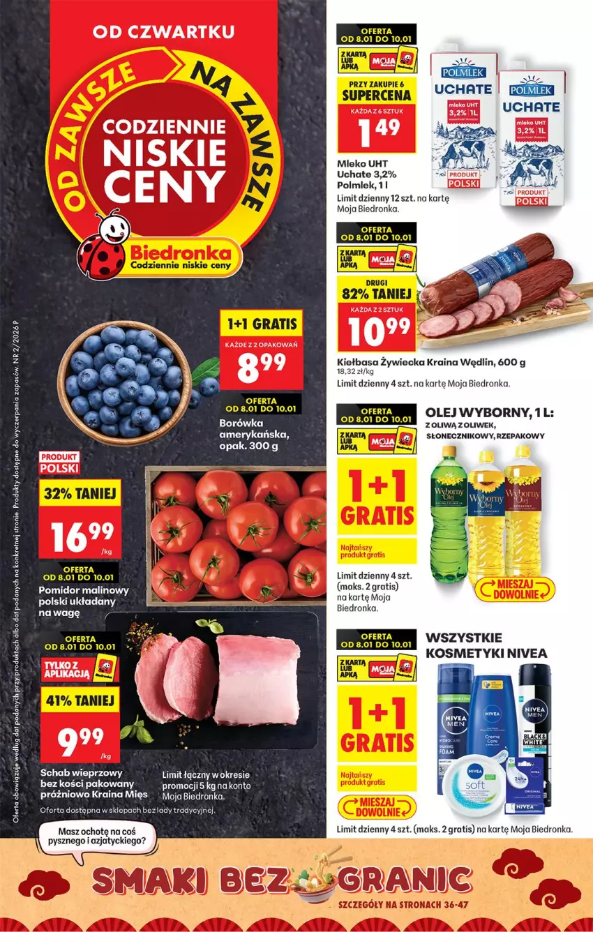 Gazetka promocyjna Biedronka - Gazetka - ważna 08.01 do 15.01.2026 - strona 1 - produkty: Borówka, Fa, Gra, Kiełbasa, Kret, Mleko, Nivea, Olej, Polmiek, Pomidor malinowy, Schab wieprzowy
