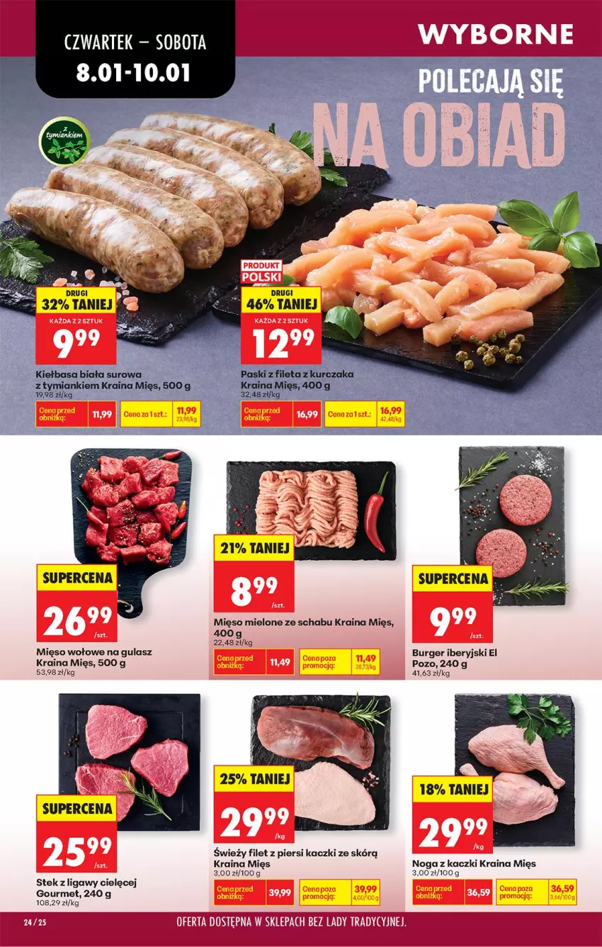 Gazetka promocyjna Biedronka - Gazetka - ważna 08.01 do 15.01.2026 - strona 30 - produkty: Burger, Fa, Filet z piersi kaczki, Kiełbasa, Kiełbasa biała, Kurczak, Mięso, Mięso mielone, Mięso wołowe, Noga z kaczki, Stek