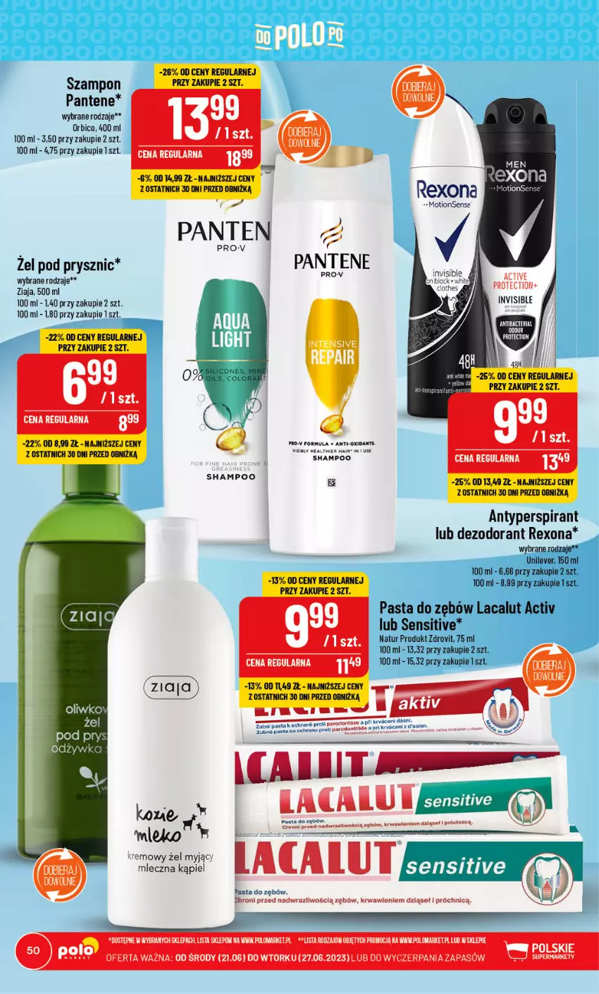 Gazetka promocyjna PoloMarket - Gazetka pomocyjna - ważna 21.06 do 27.06.2023 - strona 50 - produkty: Antyperspirant, BIC, Dezodorant, Lacalut, Mleko, Pantene, Pasta do zębów, Por, Rexona, Szampon, Ziaja