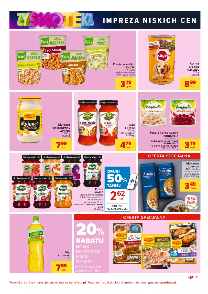 Gazetka promocyjna Carrefour - Gazetka Market Zyskoteka - ważna 19.10 do 24.10.2021 - strona 11 - produkty: Bell, Bella, Bonduelle, Dżem, Fa, Fasola, Knorr, Kosz, Kujawski, Kukurydza, Kukurydza konserwowa, Lubella, Majonez, Makaron, Olej, Pedigree, Ser, Sos, Winiary