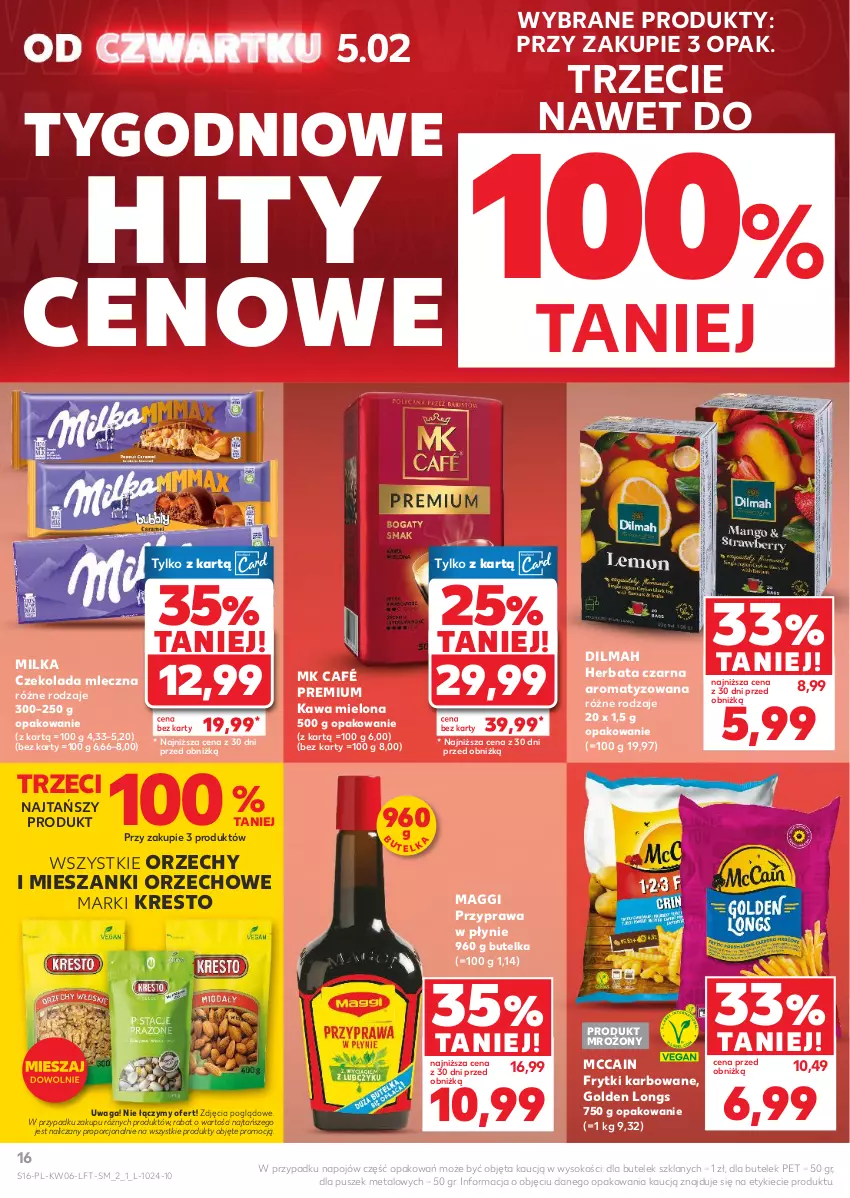 Gazetka promocyjna Kaufland - Gazetka tygodnia - ważna 05.02 do 10.02.2026 - strona 16 - produkty: Czekolada, Czekolada mleczna, Dilmah, Frytki, Herbata, Herbata czarna, Kawa, Kawa mielona, Maggi, McCain, Milka, Por, Przyprawa w płynie, Sok, Waga
