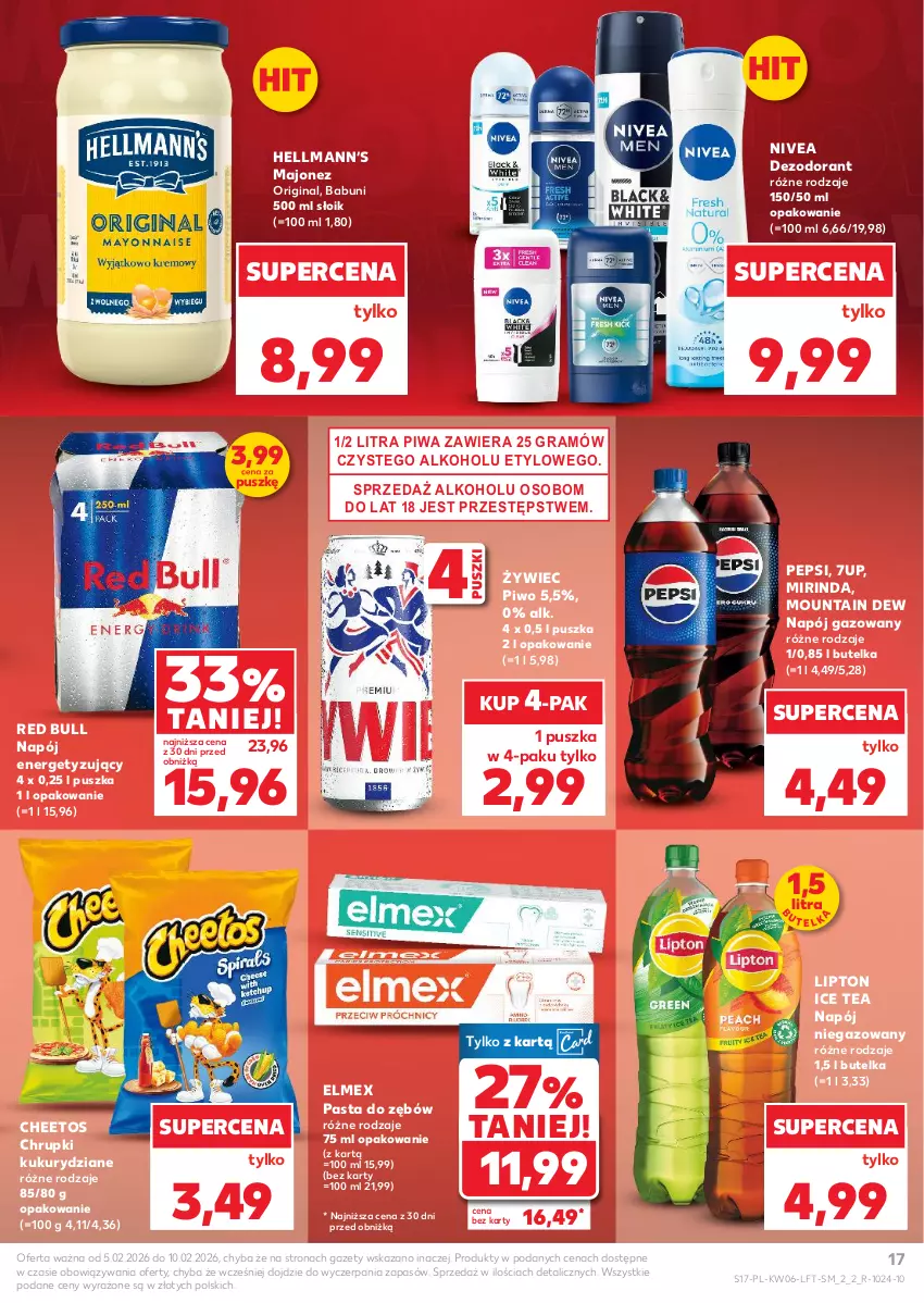 Gazetka promocyjna Kaufland - Gazetka tygodnia - ważna 05.02 do 10.02.2026 - strona 17 - produkty: 7up, Babuni, Cheetos, Chrupki, Dezodorant, Elmex, Gin, Gra, Hellmann’s, Ice tea, Lipton, Majonez, Mirinda, Napój, Napój gazowany, Napój niegazowany, Nivea, Pasta do zębów, Pepsi, Piwa, Piwo, Red Bull