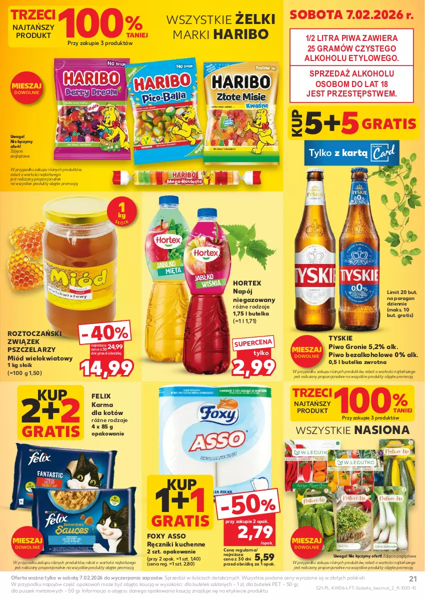 Gazetka promocyjna Kaufland - Gazetka tygodnia - ważna 05.02 do 10.02.2026 - strona 21 - produkty: Felix, Foxy, Gra, Haribo, Hortex, Miód, Napój, Napój niegazowany, Piwa, Piwo, Por, Ręcznik, Sok, Tyskie, Waga