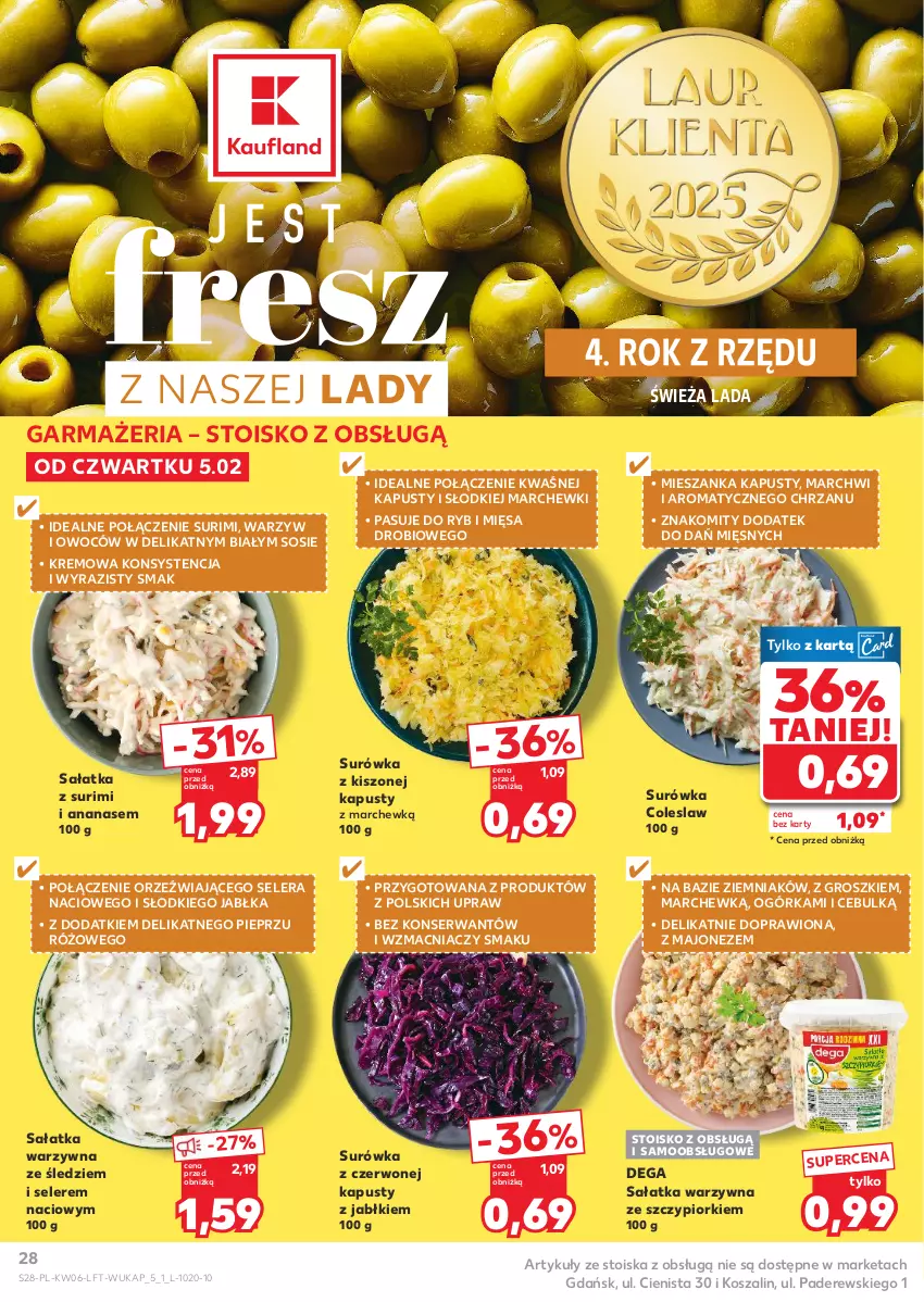 Gazetka promocyjna Kaufland - Gazetka tygodnia - ważna 05.02 do 10.02.2026 - strona 28 - produkty: Ananas, Chrzan, Dega, Jabłka, Kosz, Majonez, Pieprz, Sałat, Sałatka, Sałatka warzywna, Ser, Sos, Surimi, Surówka, Surówka coleslaw, Szal