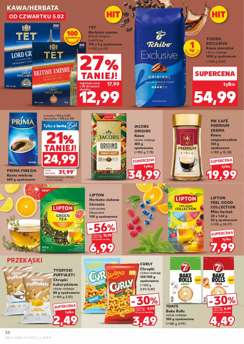 Gazetka promocyjna Kaufland - Gazetka tygodnia - ważna 05.02 do 10.02.2026 - strona 38 - produkty: Bake Rolls, Brit, Chrupki, Gin, Gry, Herbata, Herbata czarna, Jacobs, Kawa, Kawa mielona, Kawa rozpuszczalna, Kawa ziarnista, Lipton, Prima, Puf, Tchibo
